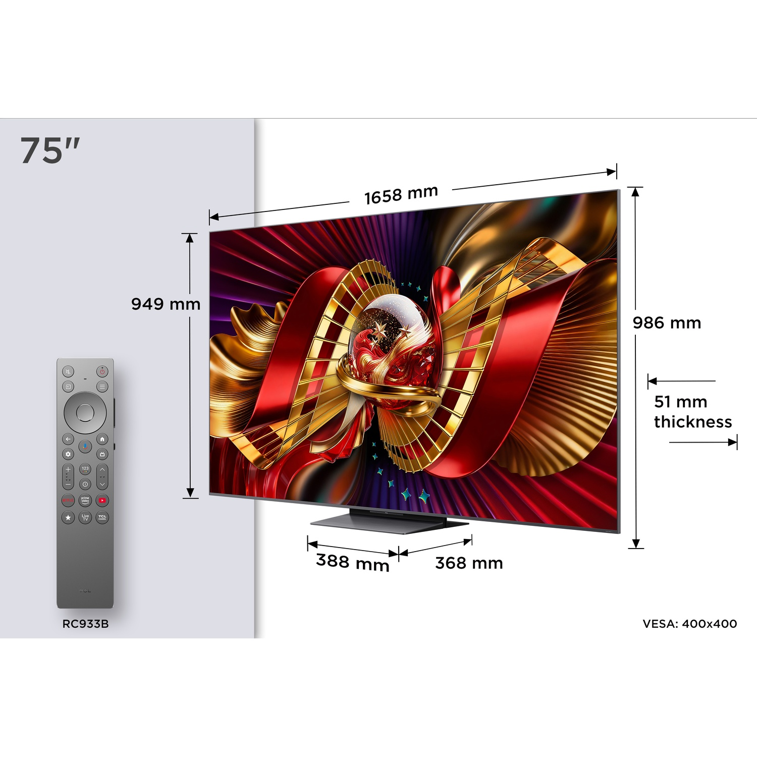 75-inch TV with remote. Dimensions: 1658x986x51mm.