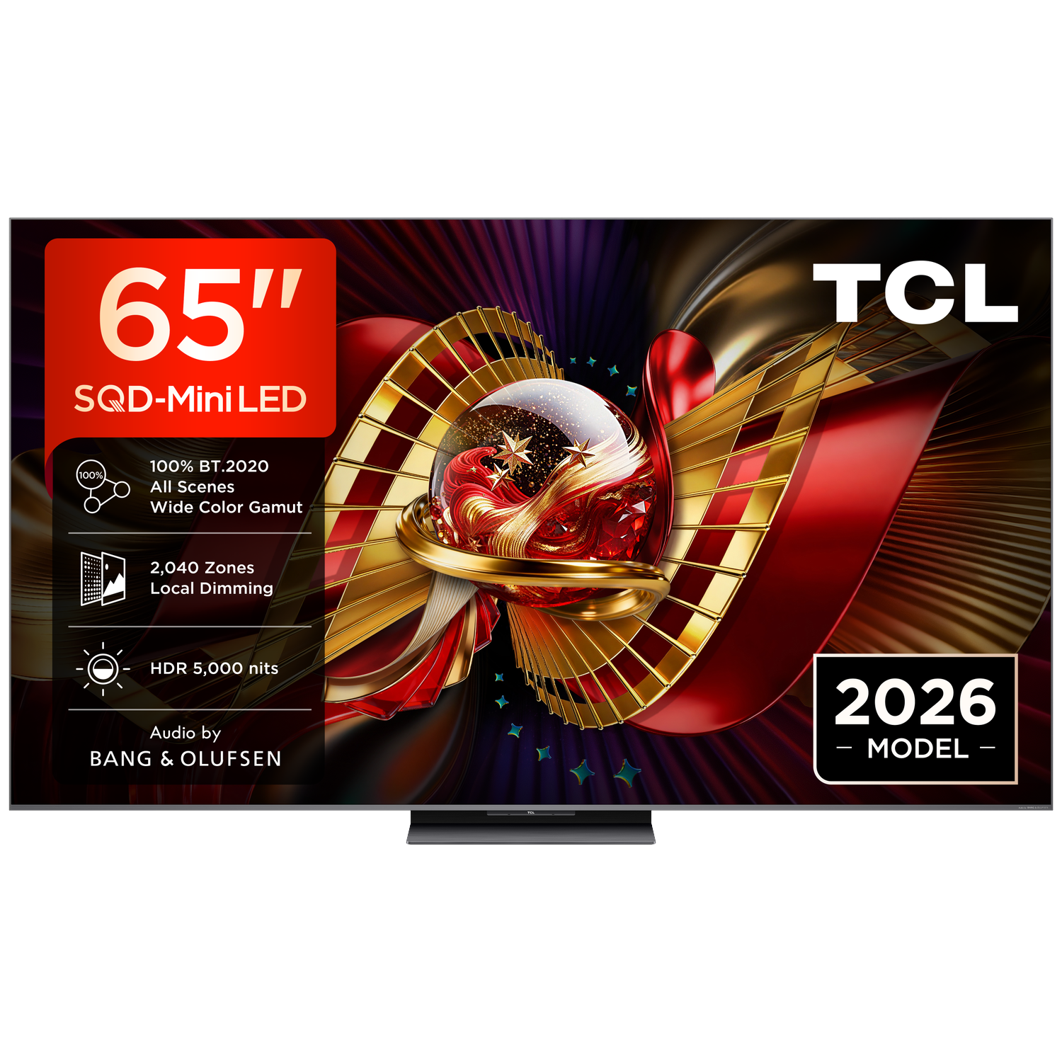 TCL 65" SQD-Mini LED TV with 2026 MODEL branding, vibrant visuals.