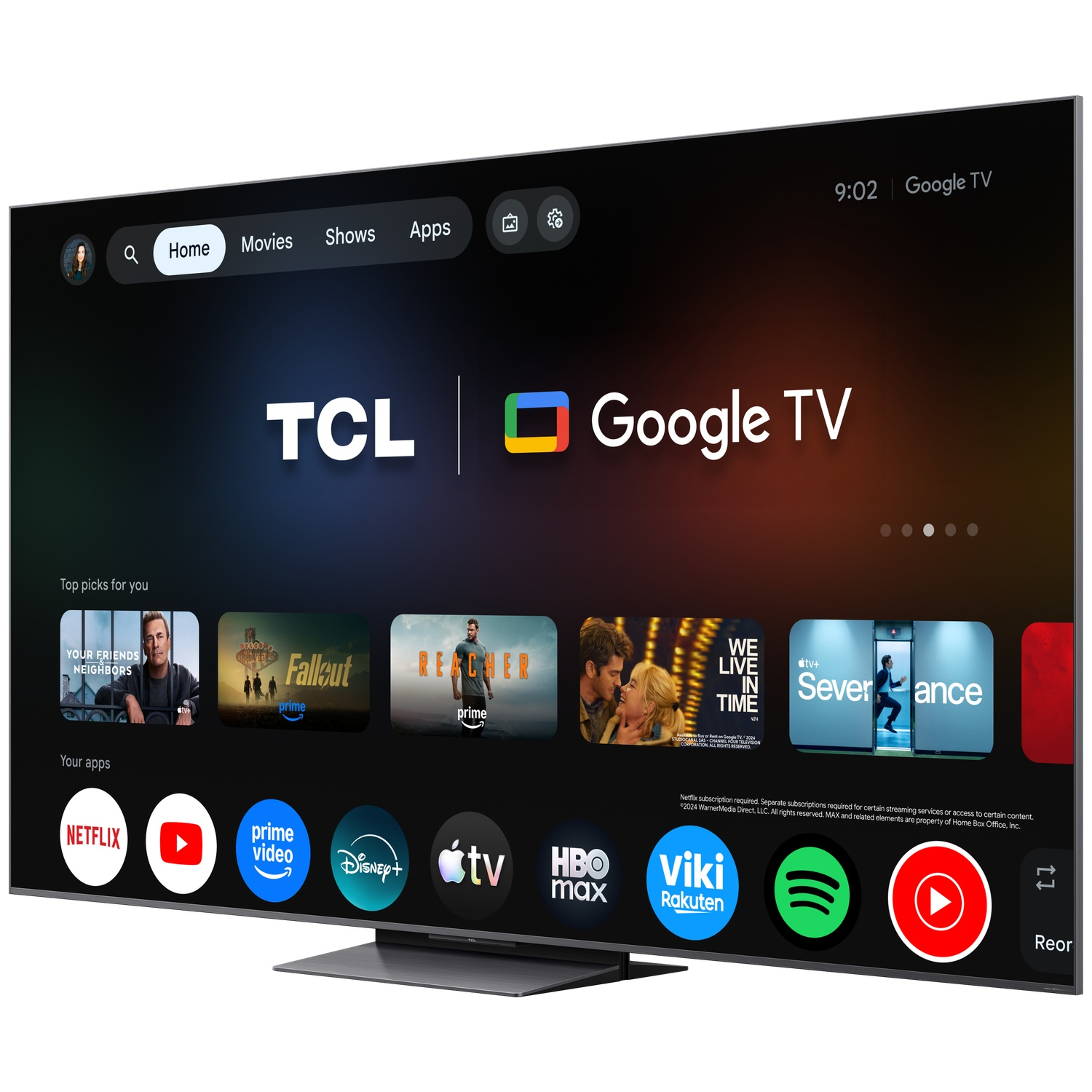 A TCL Google TV displays a home screen with movie and app icons.