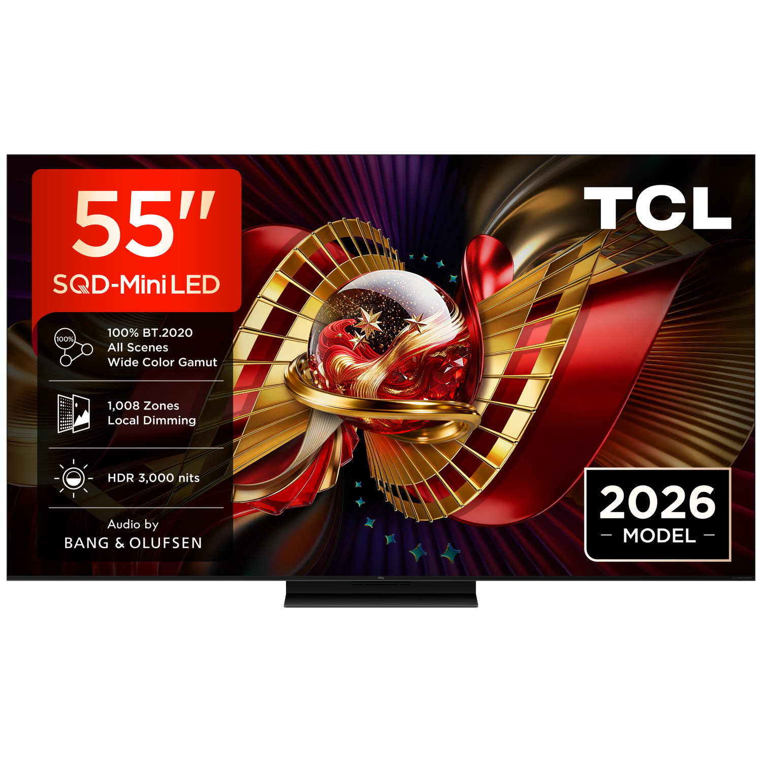 A 55-inch TCL TV featuring SQD-Mini LED, 100% BT.2020, and HDR 3,000 nits.