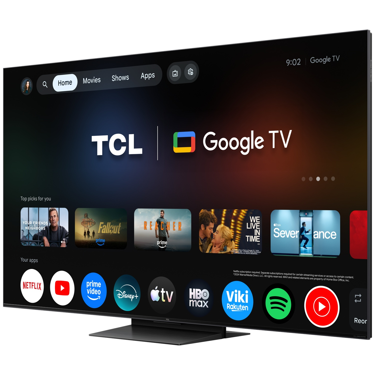 A TCL Google TV displaying a user interface with titles and apps.