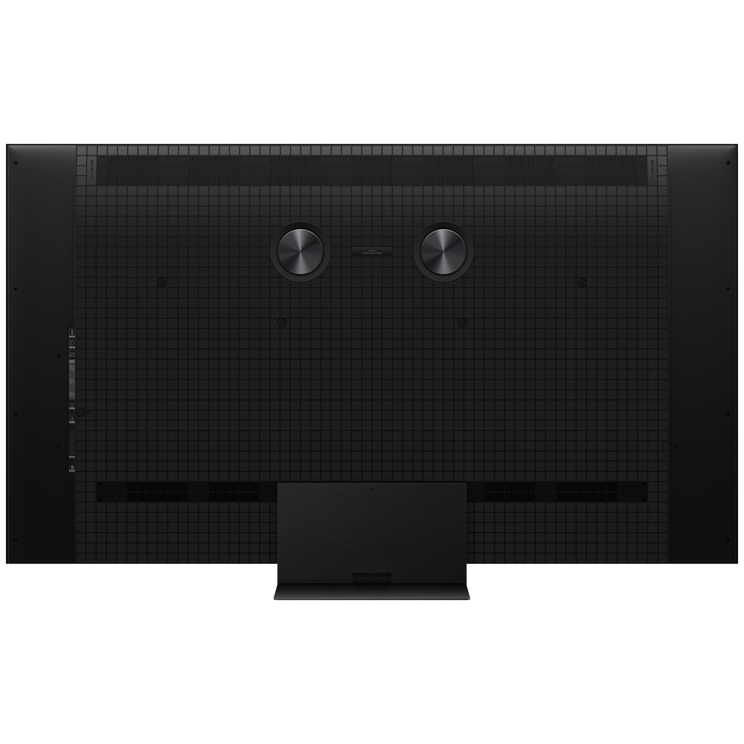 Back of a black television with a grid pattern and a stand.