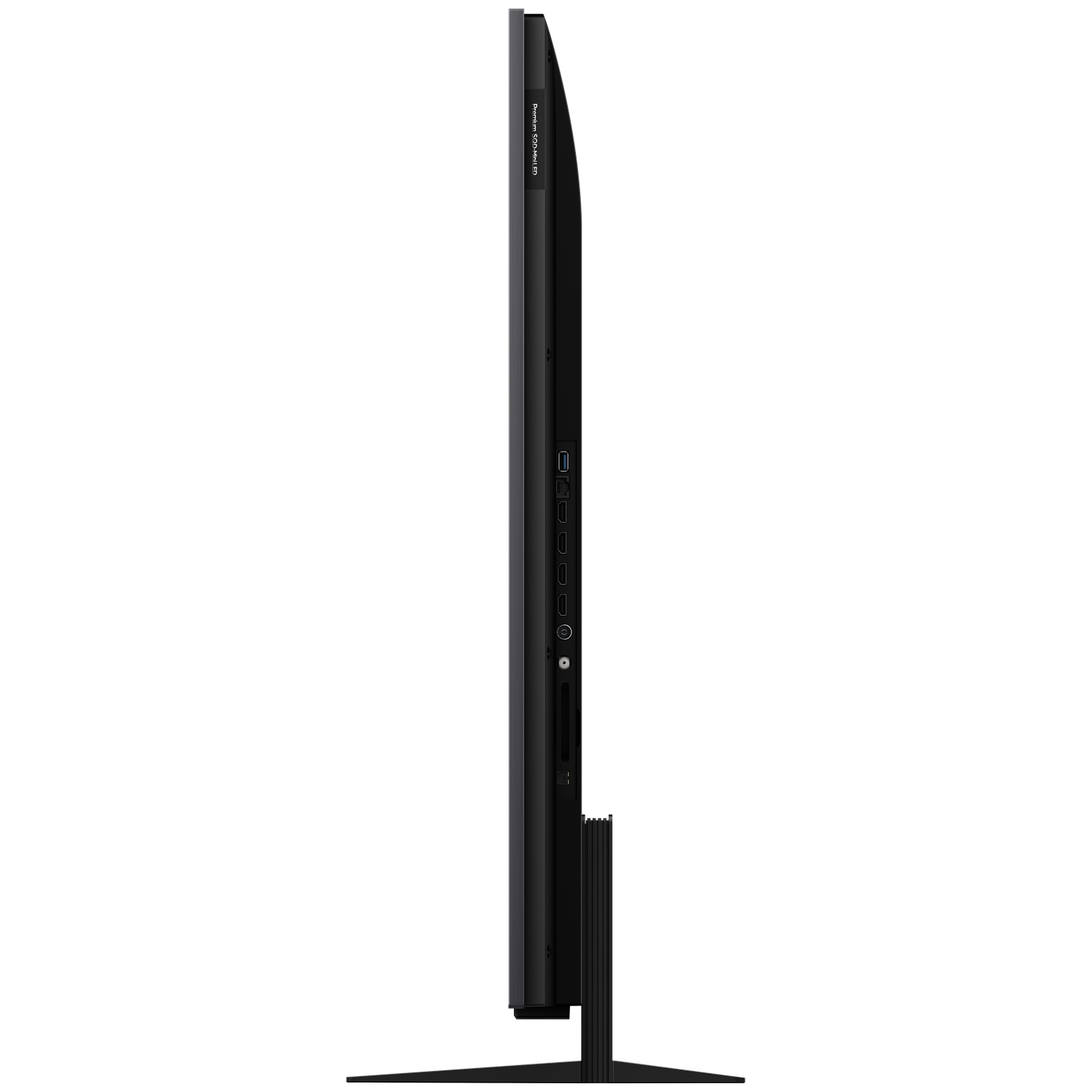 Side view of a slim black television with ports on its side.