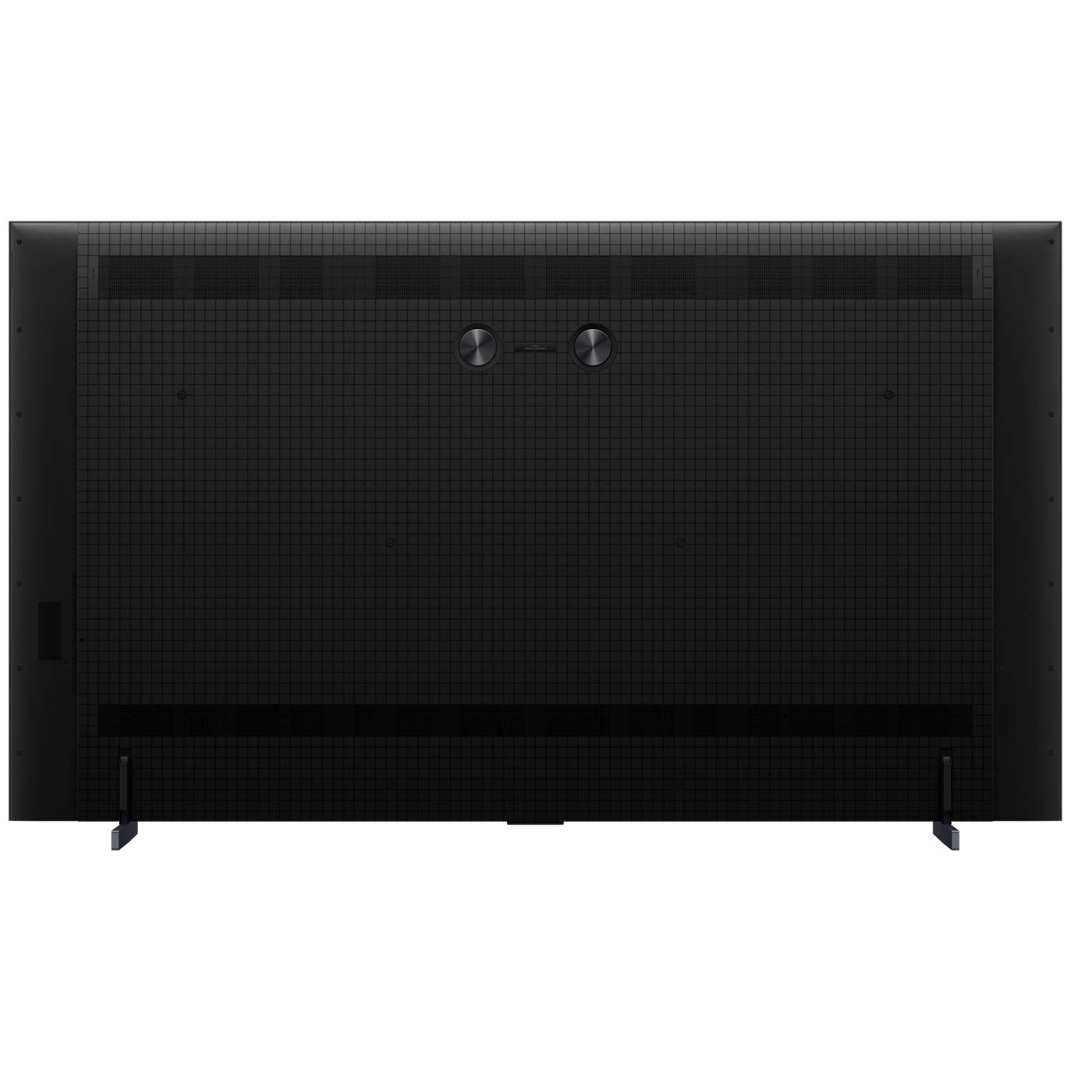 Back of a black television with a finely gridded surface and two silver knobs.