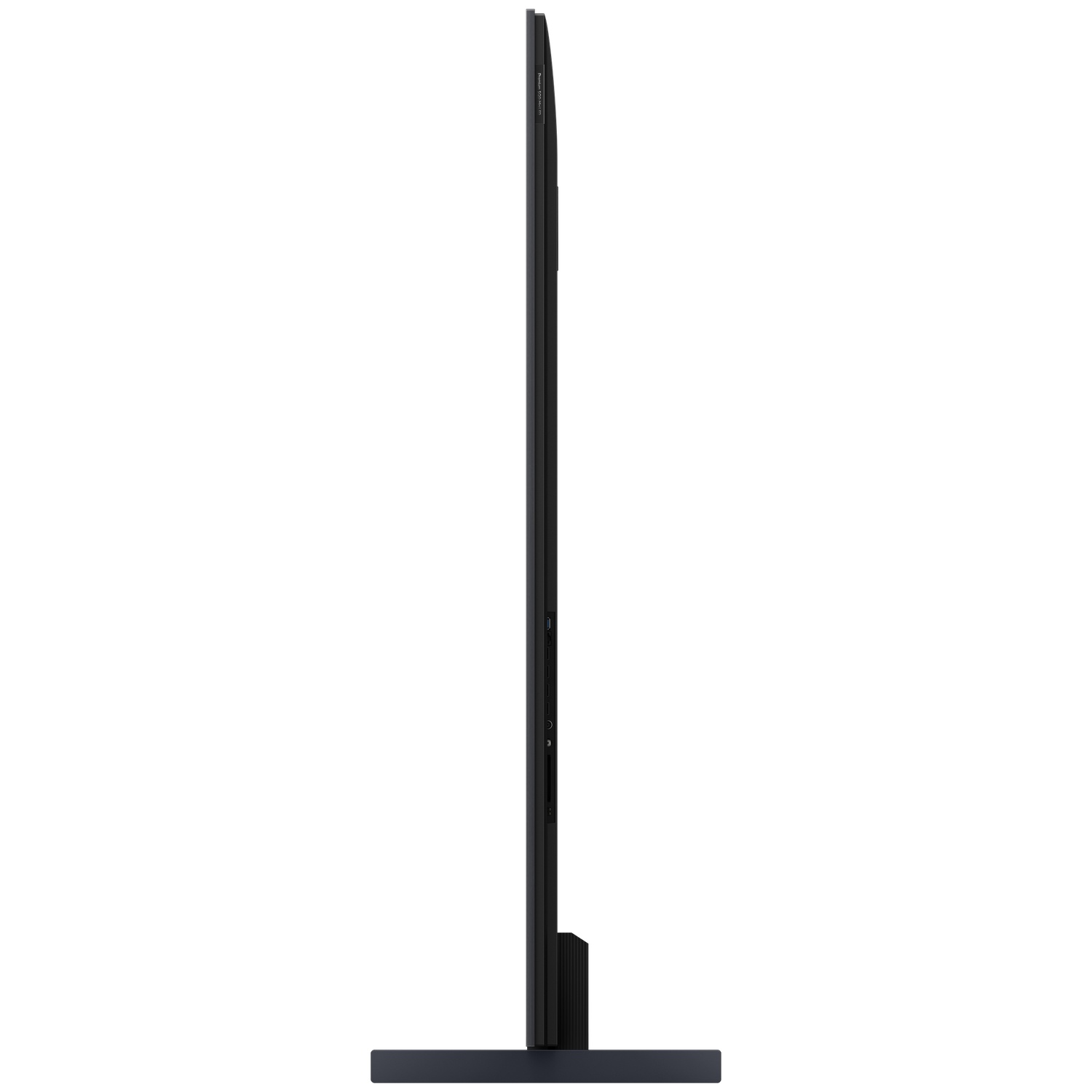Black television from the side on a white background.