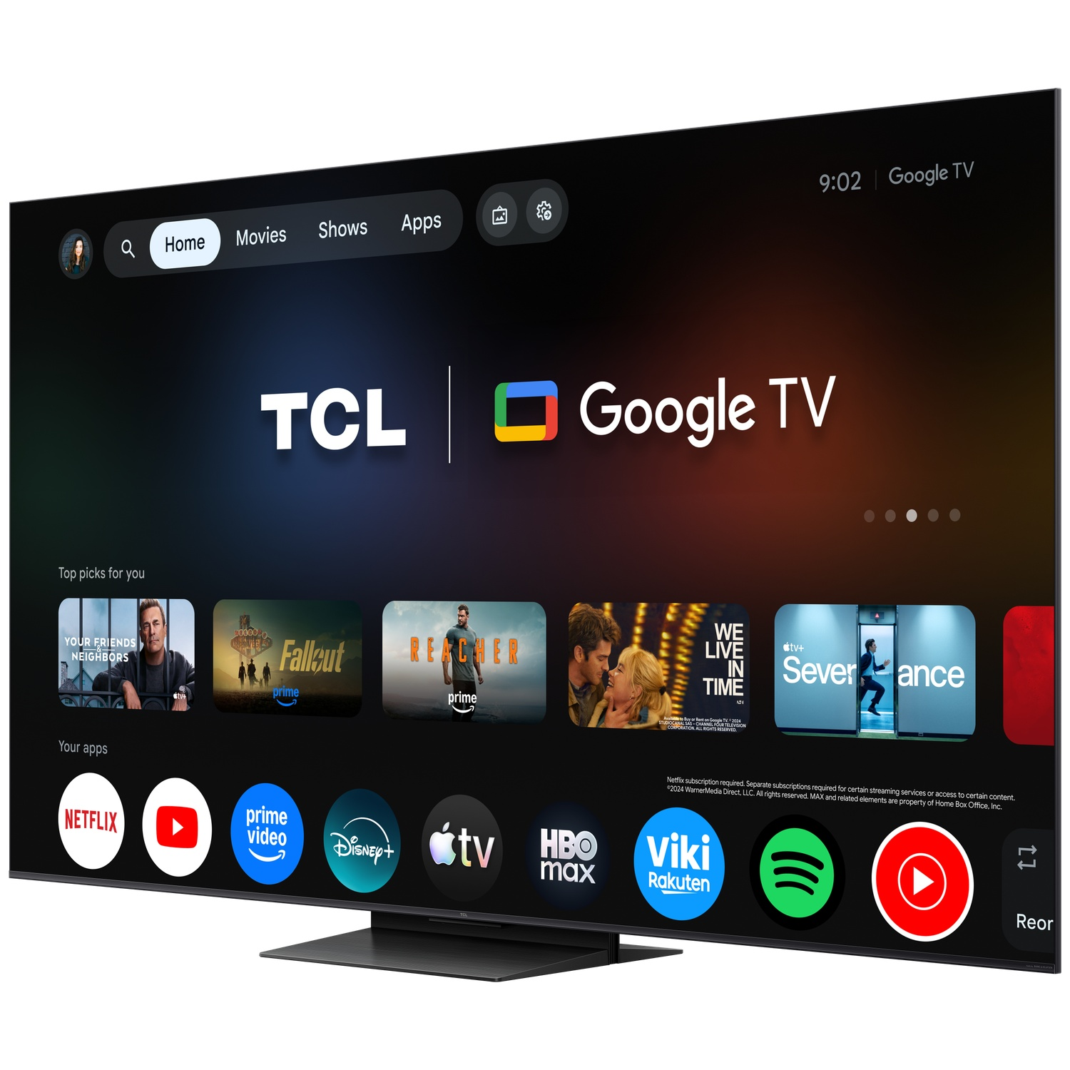 A modern TV displays the Google TV interface with app icons and movie titles.