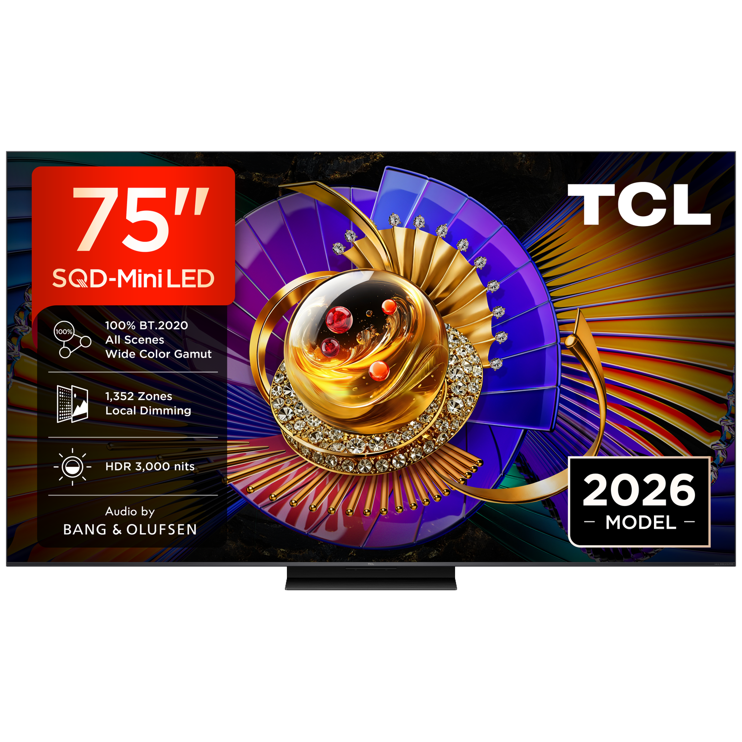 A 75-inch TCL Mini LED TV, 2026 model, with intricate screen graphics and branding.