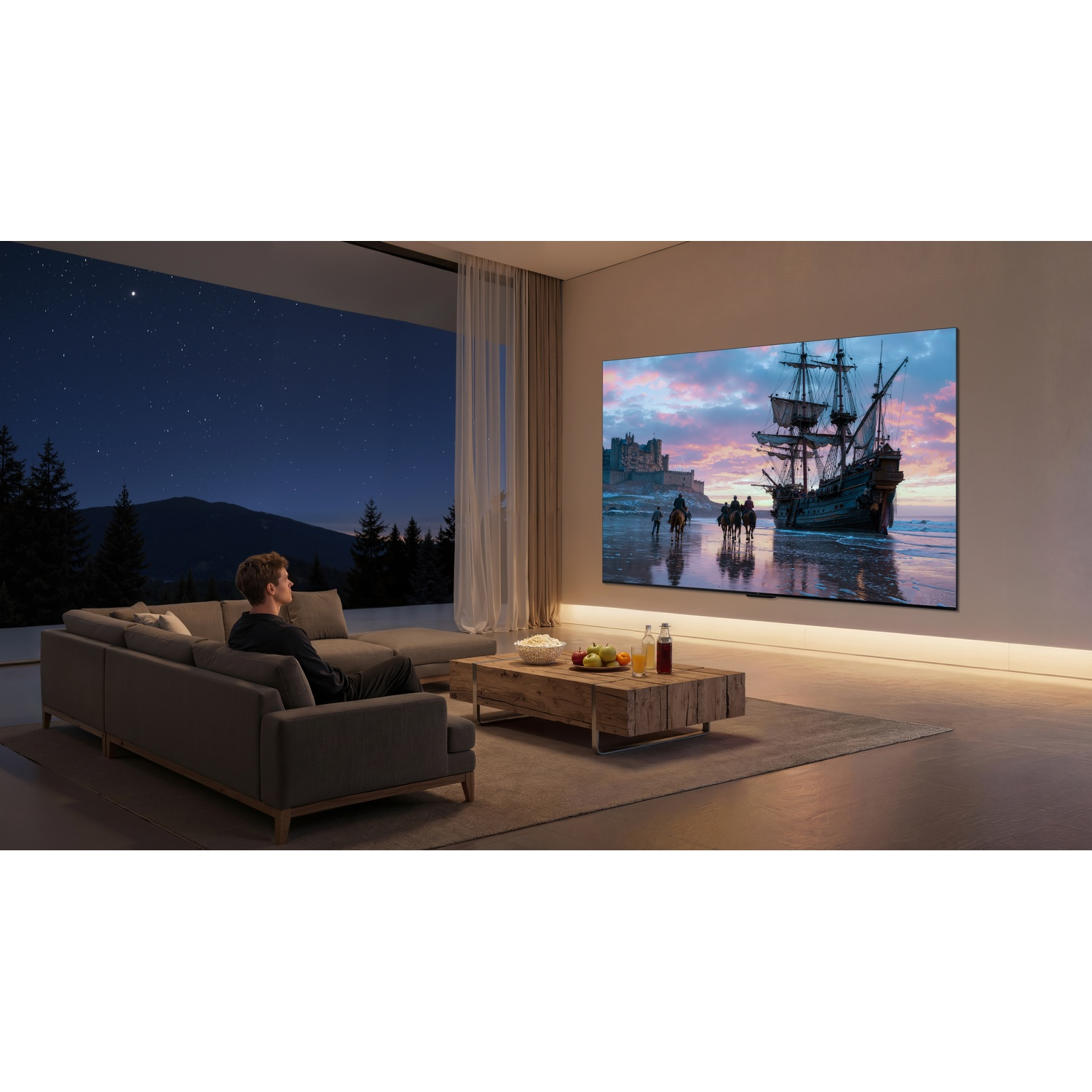 Man sits on a couch watching a TV screen displaying a ship.