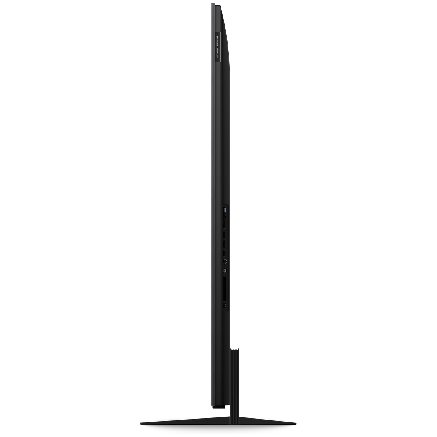 Black, slim monitor seen from the side, showing ports and a stand.