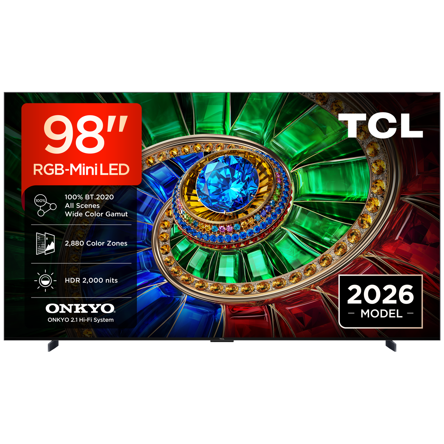 TCL 98" RGB-Mini LED TV met 2.880 kleure zones, HDR 2.000 nits, Onkyo geluid.