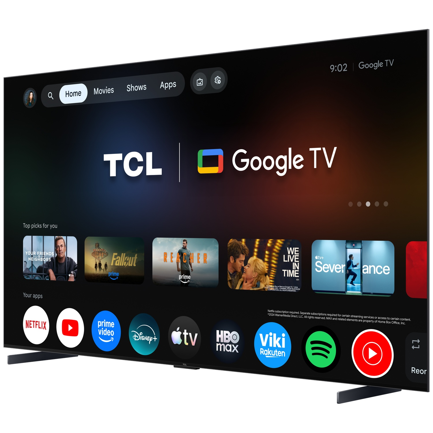 Een moderne TCL Google TV met een gebruikersinterface met topkeuzes en apps.