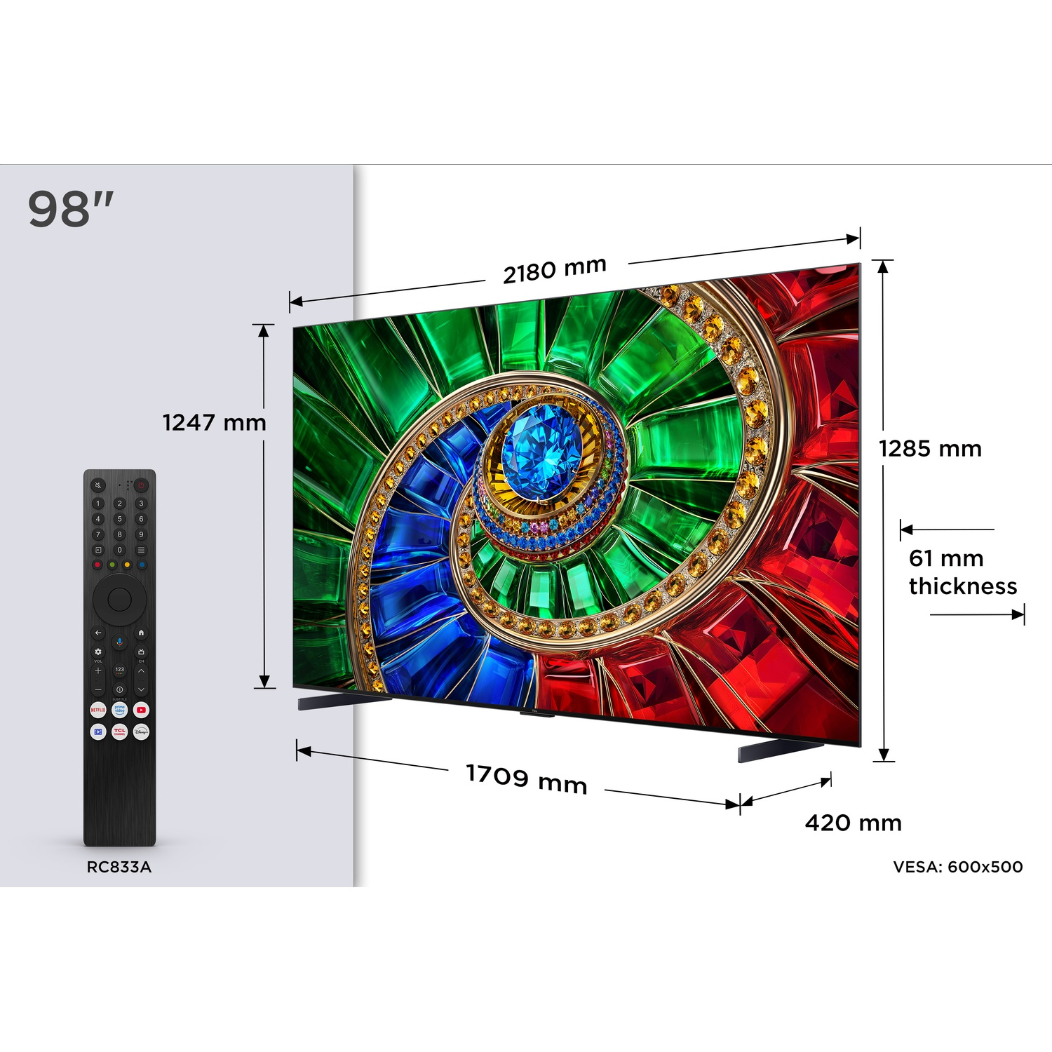 Een 98-inch tv met gedetailleerde afmetingen, een slank profiel en een afstandsbediening.
