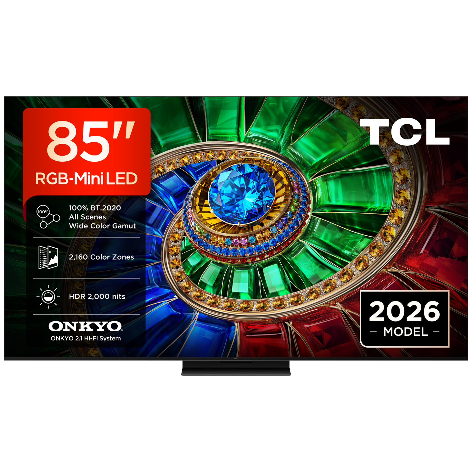 Un téléviseur TCL de 85 pouces avec RGB-Mini LED, 2 160 zones de couleur, HDR 2 000 nits et système audio Onkyo.