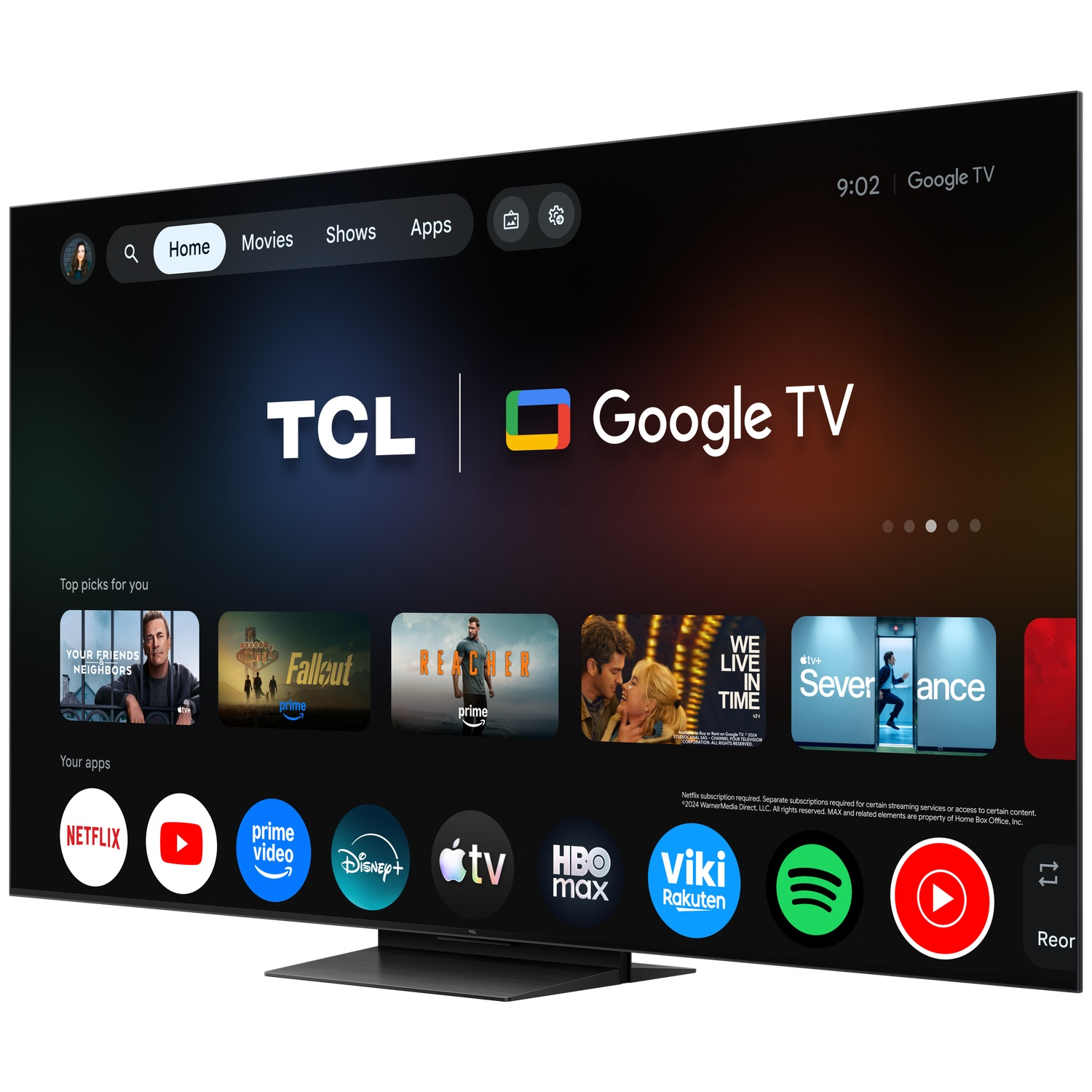 Un Google TV TCL affichant des applications comme Netflix, Prime Video, Disney+ et YouTube.