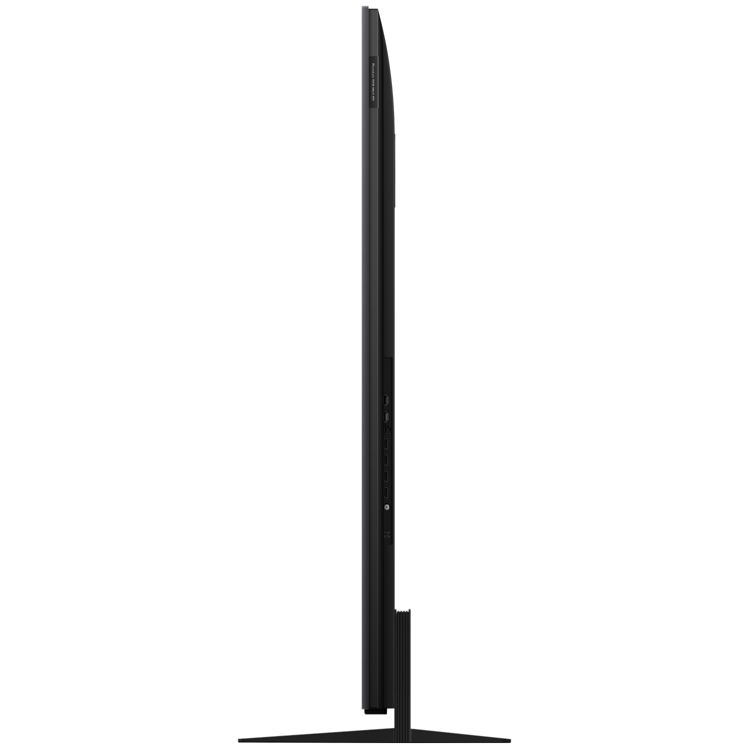 Vue latérale d'une télévision noire mince sur un support, montrant les ports.