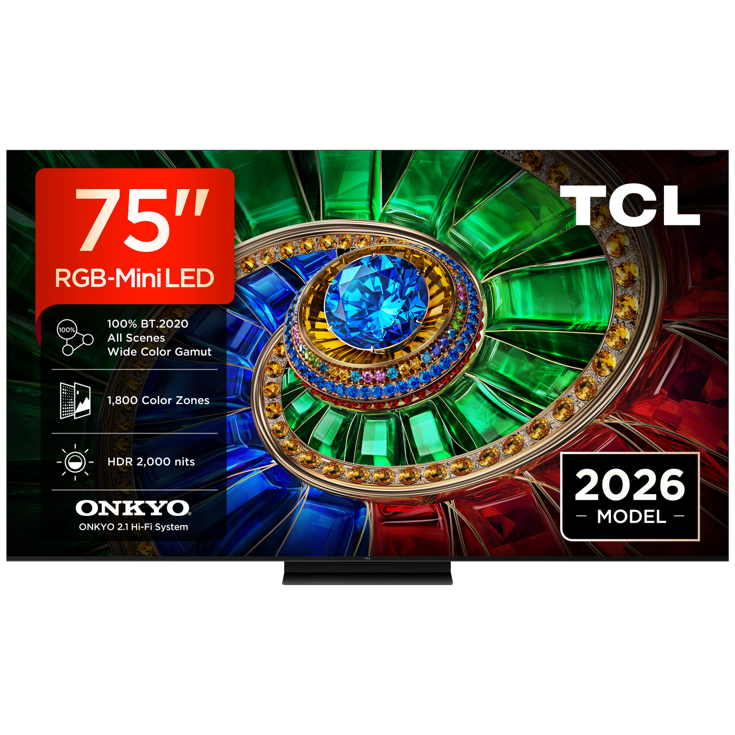 TV TCL 75" RGB-Mini LED avec 1800 zones couleur, 2000 nits HDR, son Onkyo.