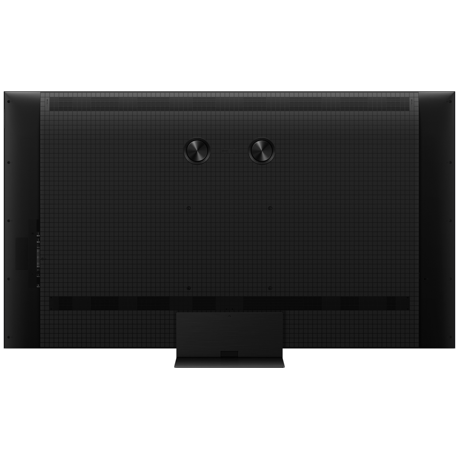 Dos d'une grande télévision noire avec motif en grille et deux boutons circulaires.