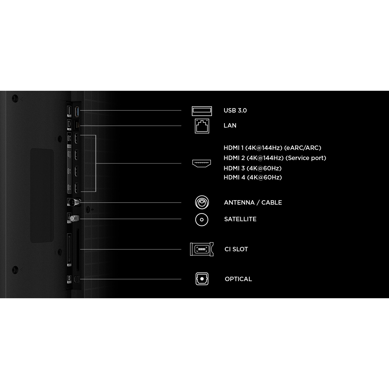 Connexions : USB 3.0, LAN, 4x HDMI, Antenne/Câble, Satellite, Logement CI, Optique.