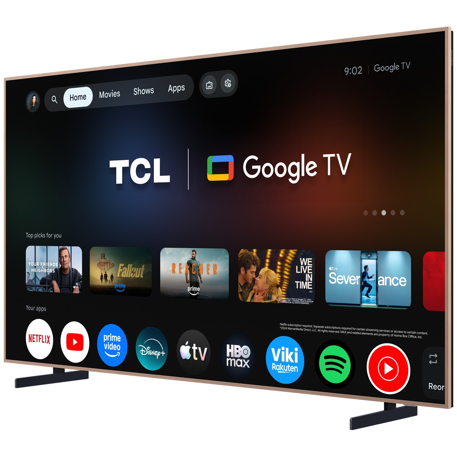 A TCL Google TV displays a user interface with movie and app icons.