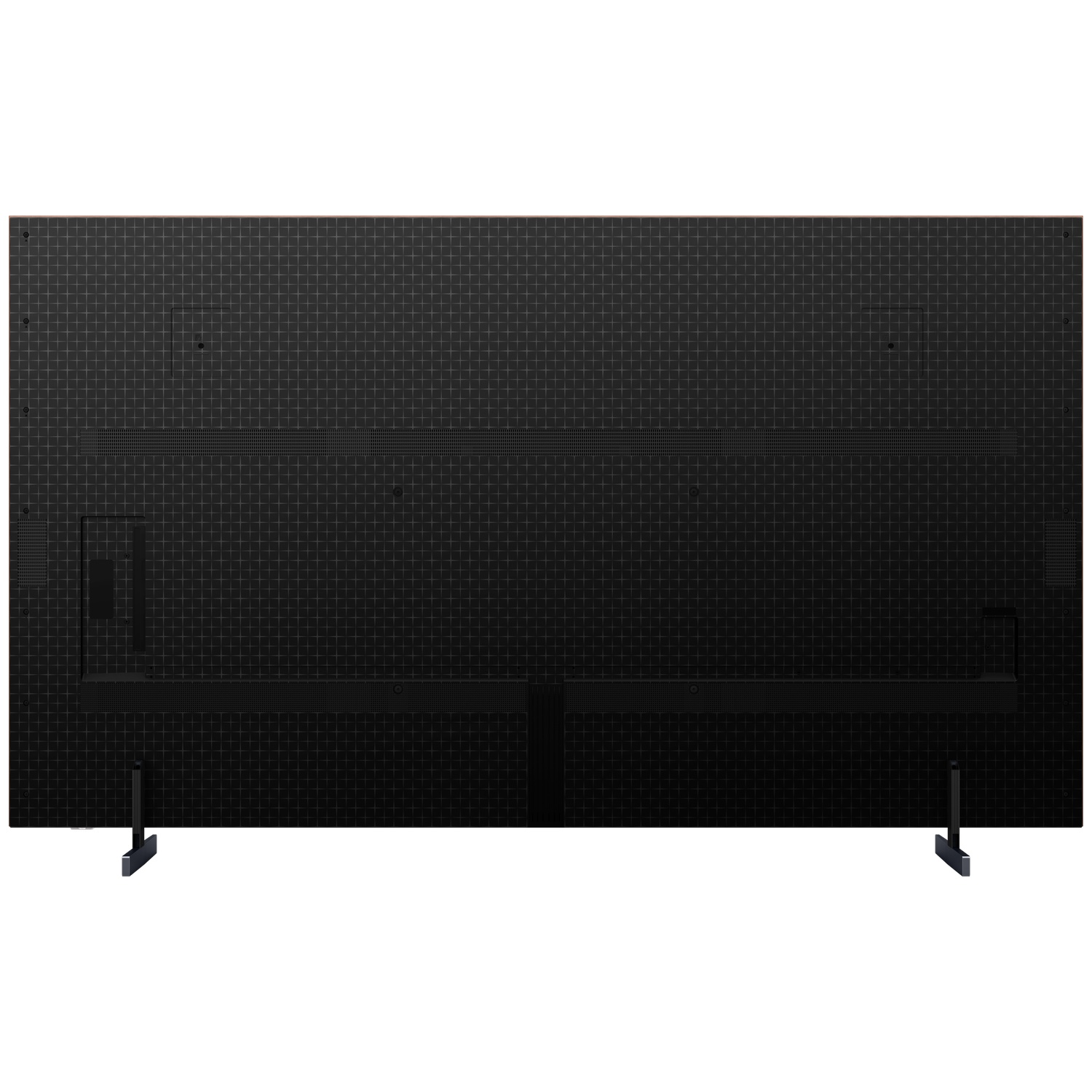 Back of a black television with a grid pattern and two stands.