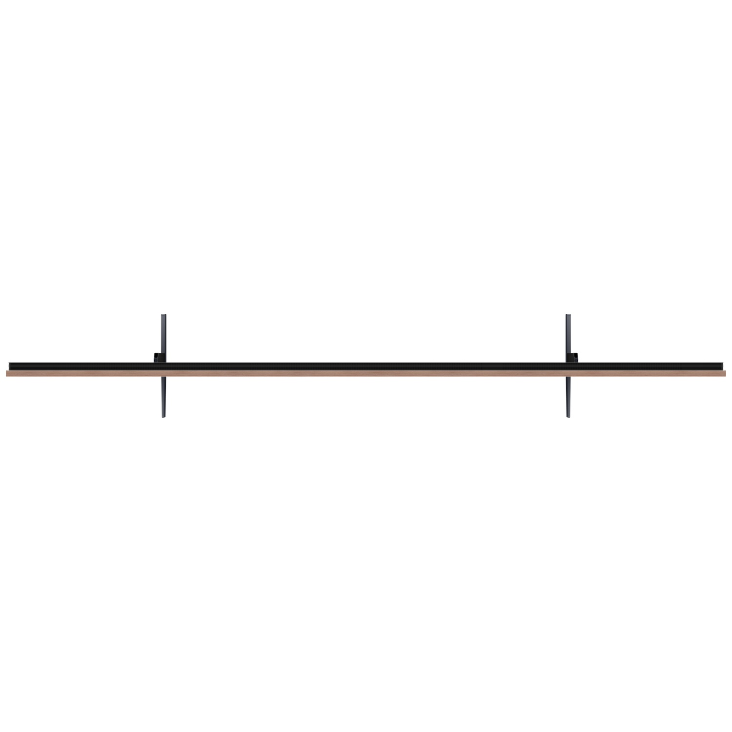 A long, thin black television with brown accents and two narrow stands.