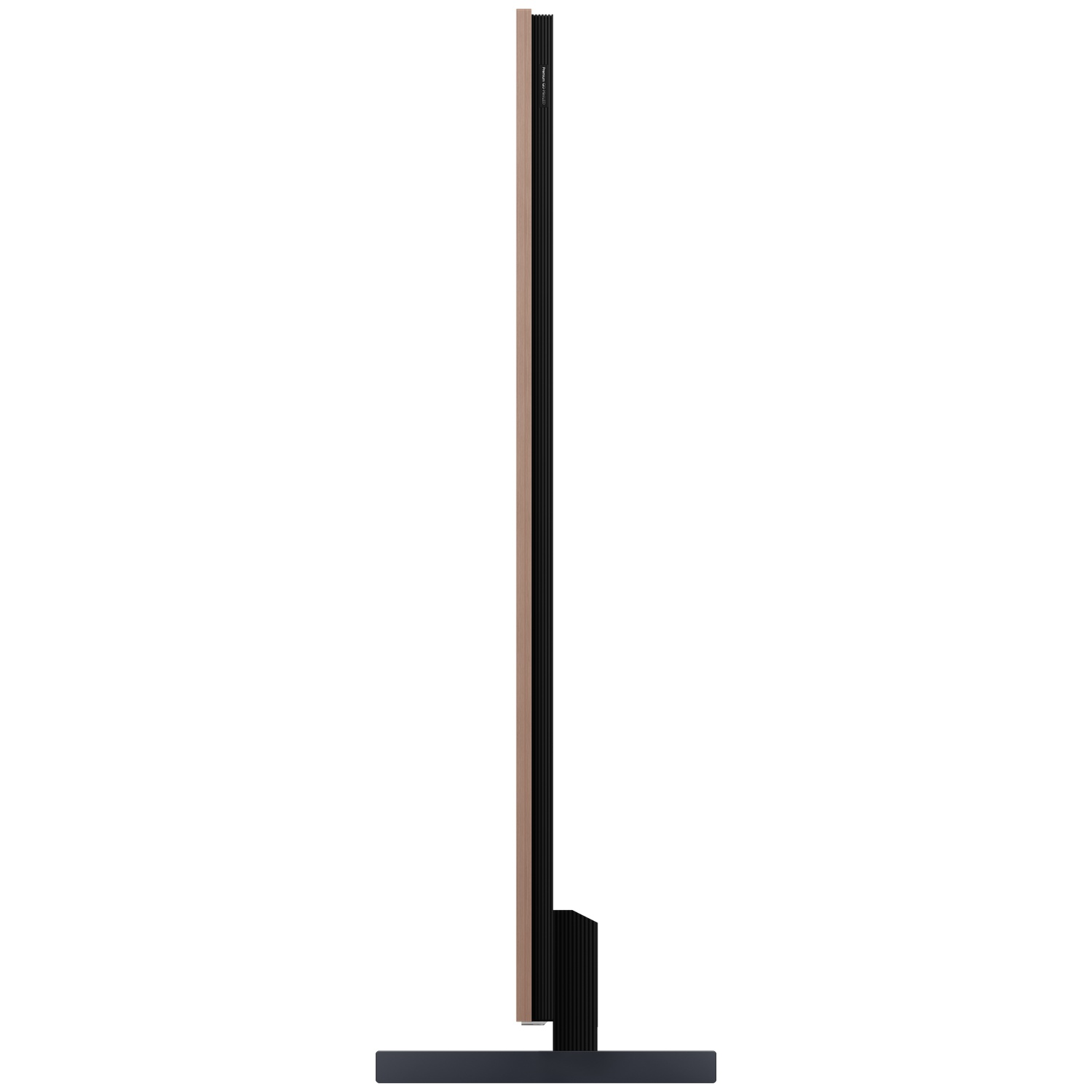 A slim, brown and black television set stands on a dark base.