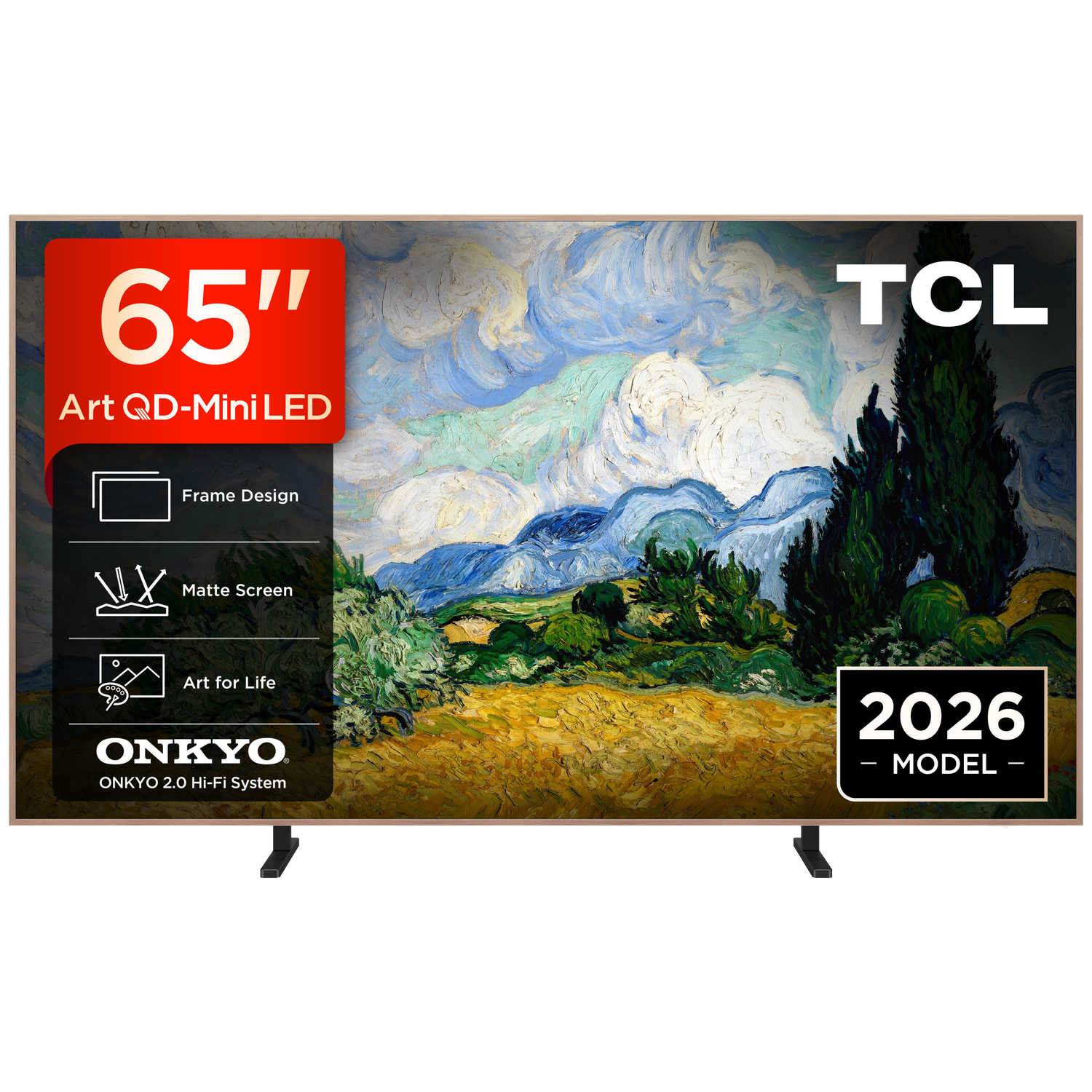 Een 65-inch TCL TV met QD-Mini LED, mat scherm en Van Gogh schilderij.