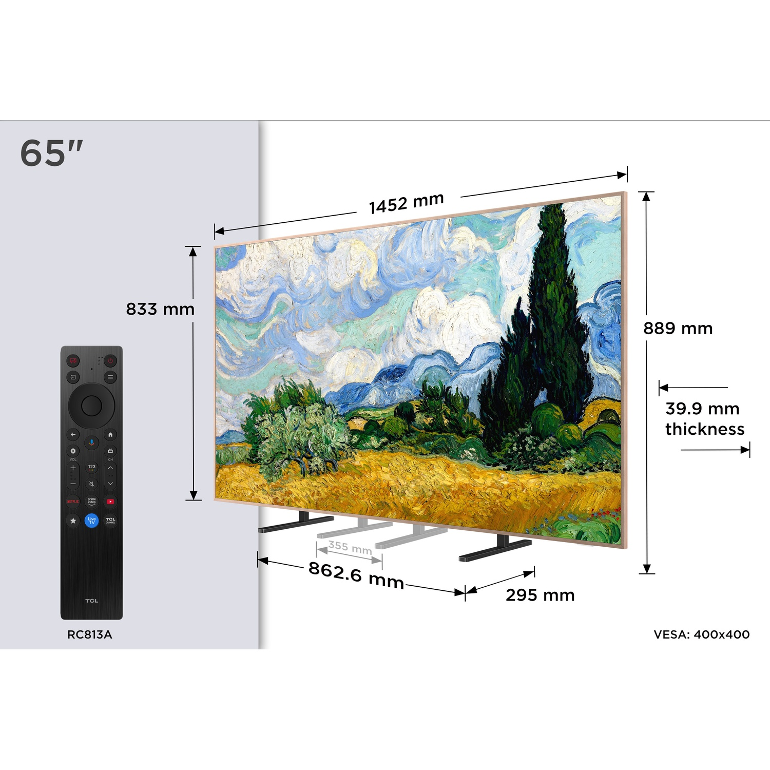 65-inch tv met afstandsbediening en afmetingen. Van Gogh schilderij.