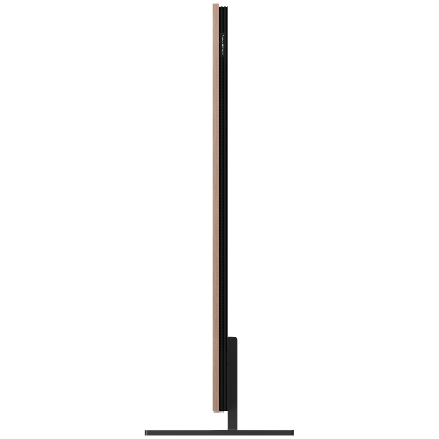 A slim, black television with wood paneling stands on a black base.