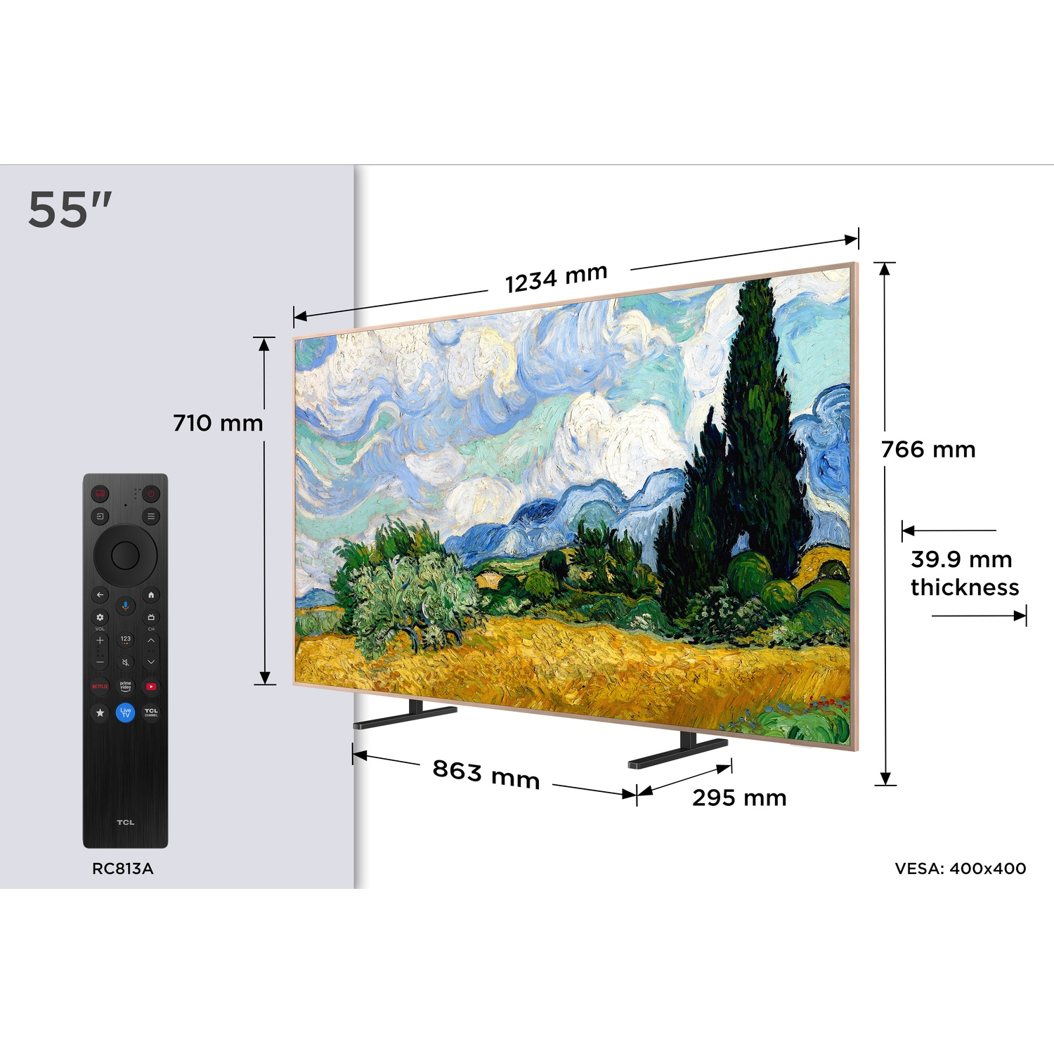 A 55-inch TV displaying Van Gogh's Starry Night painting, with a remote control.