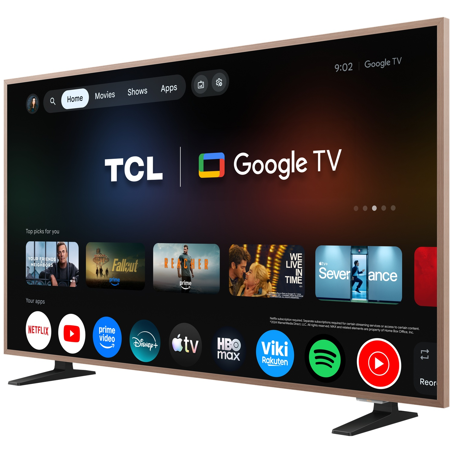 A TCL Google TV displaying an interface with apps and shows.