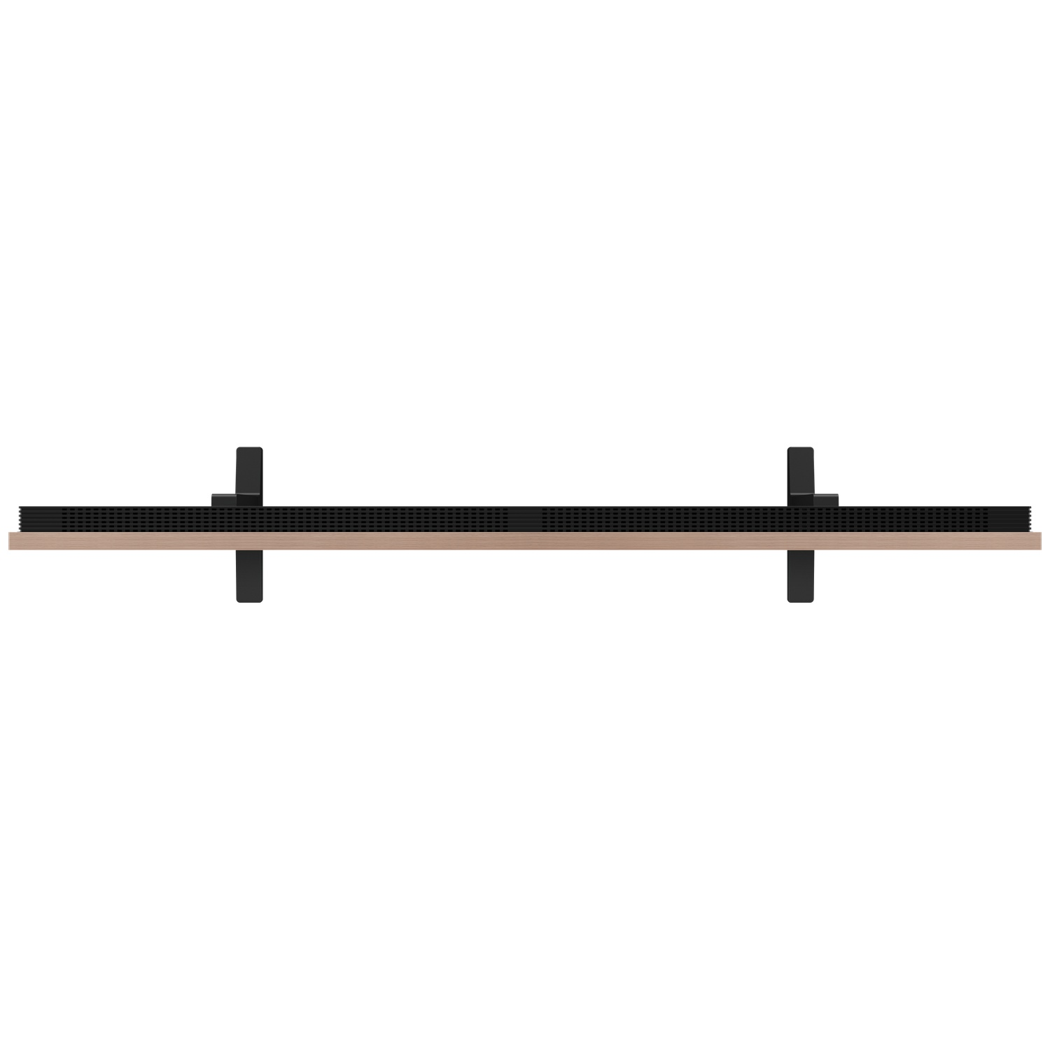 Black soundbar with wooden plank and black brackets.