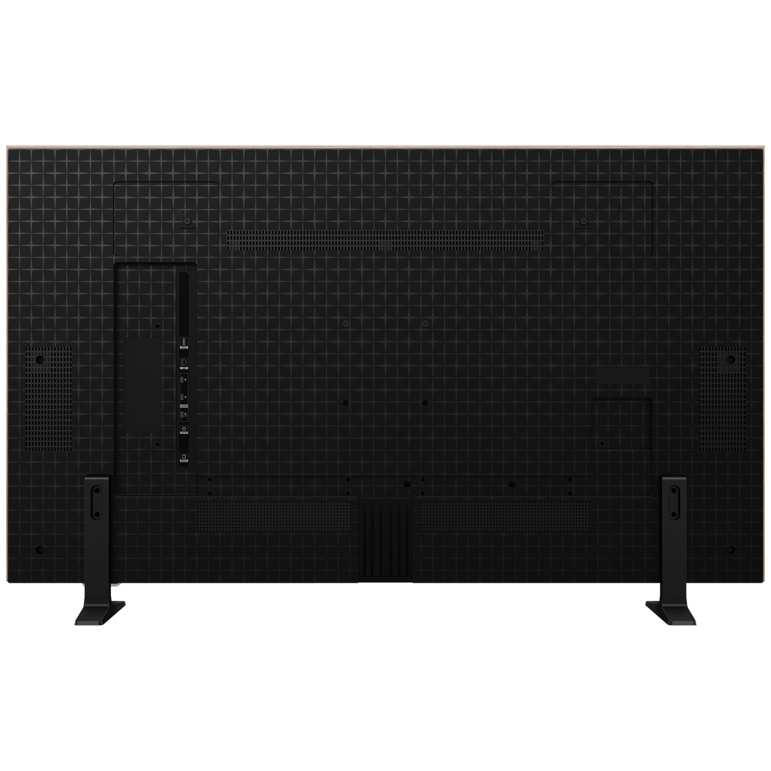 Back of a black television with ports and stands.