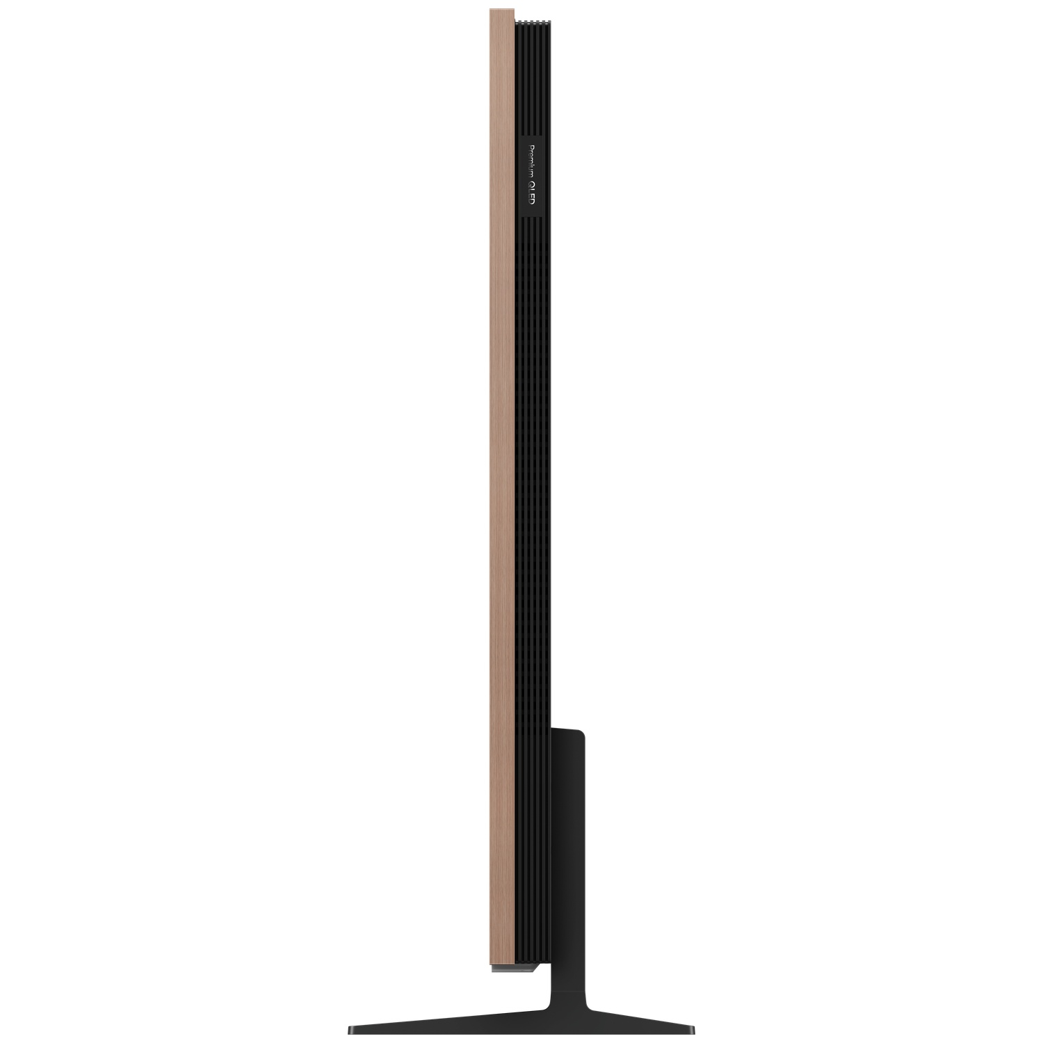Thin TV with wood frame and black stand, profile view.
