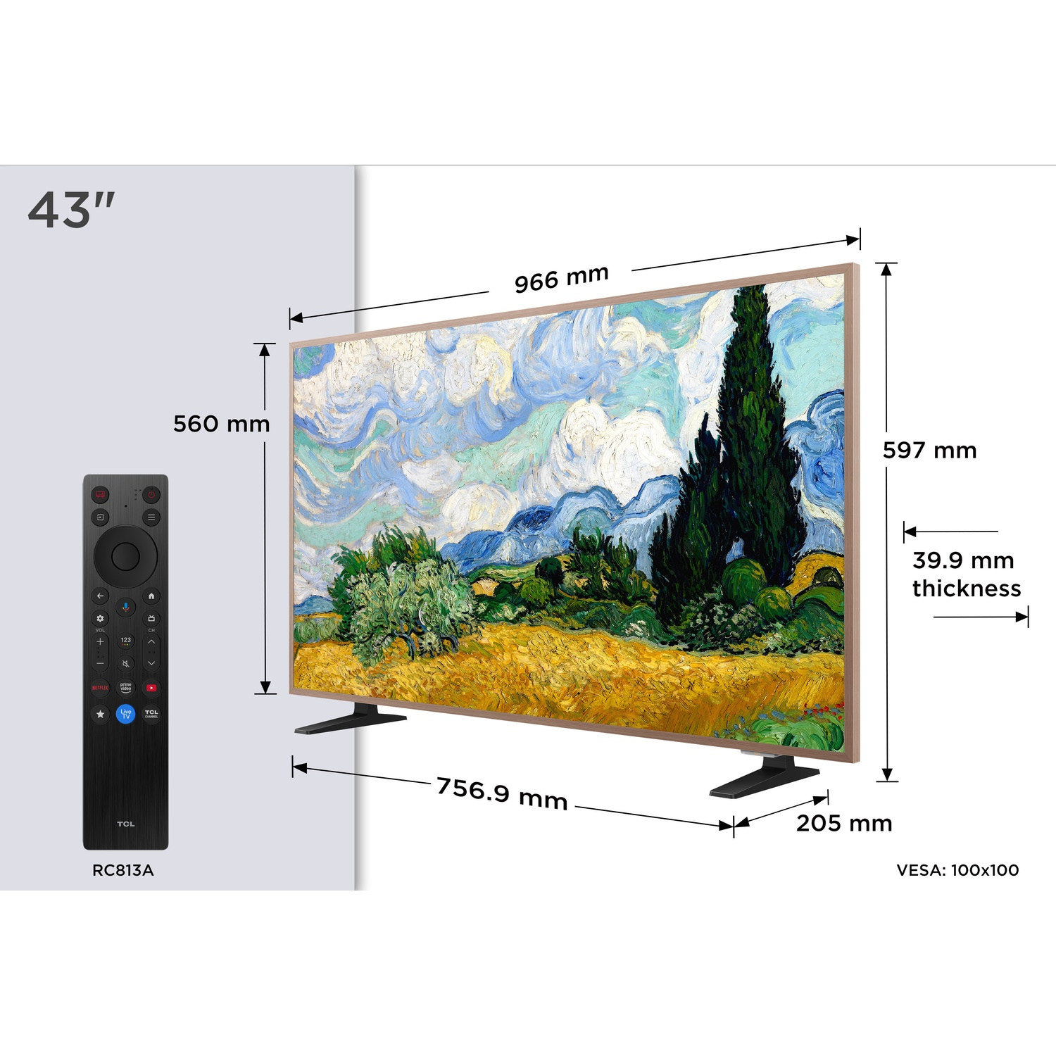 A 43-inch TV displaying a painting, with a remote and dimensions shown.