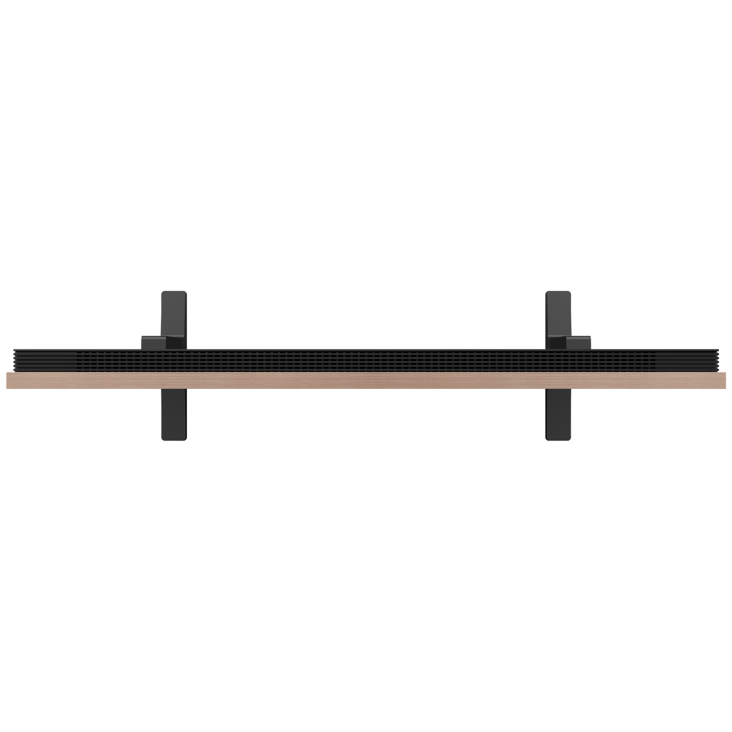 Een zwarte, lamellen luidspreker rust op een houten plank, ondersteund door twee beugels.