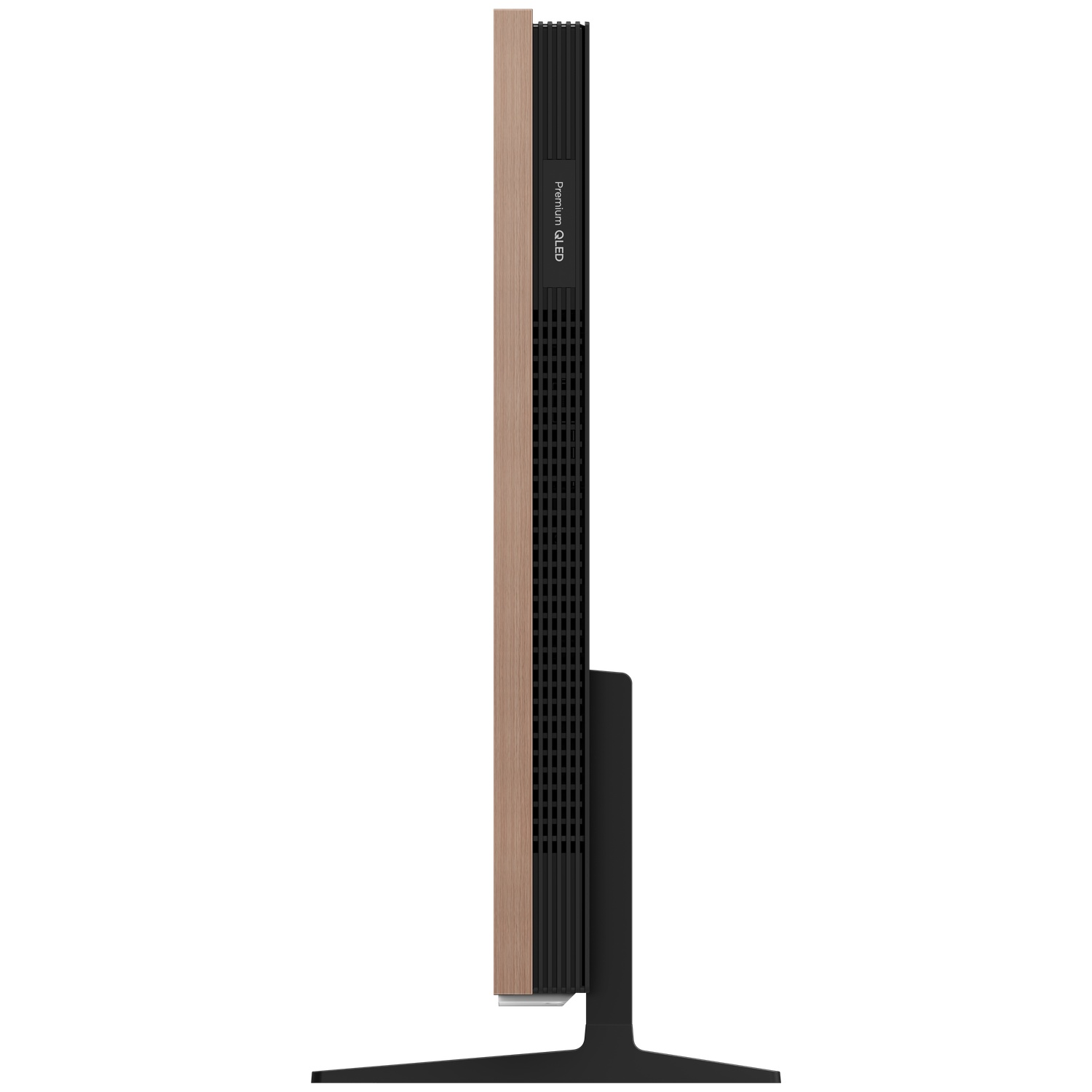 Een slanke, moderne televisie met houten panelen en een zwarte geventileerde zijkant.
