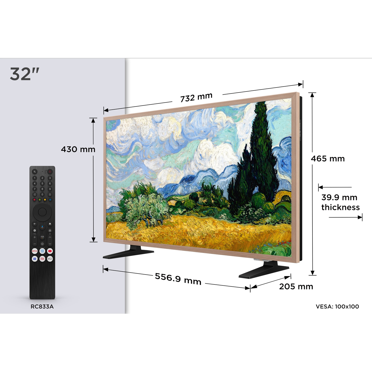 32-inch TV met Van Gogh-kunstwerk, afstandsbediening en afmetingen.