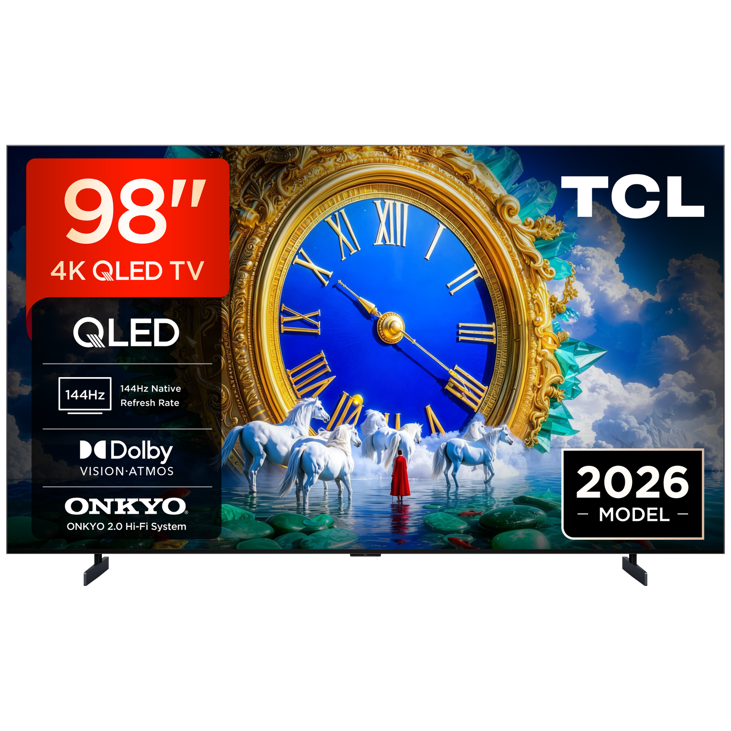 Een 98-inch 4K QLED TV van TCL met een surrealistisch beeld van paarden en een klok.