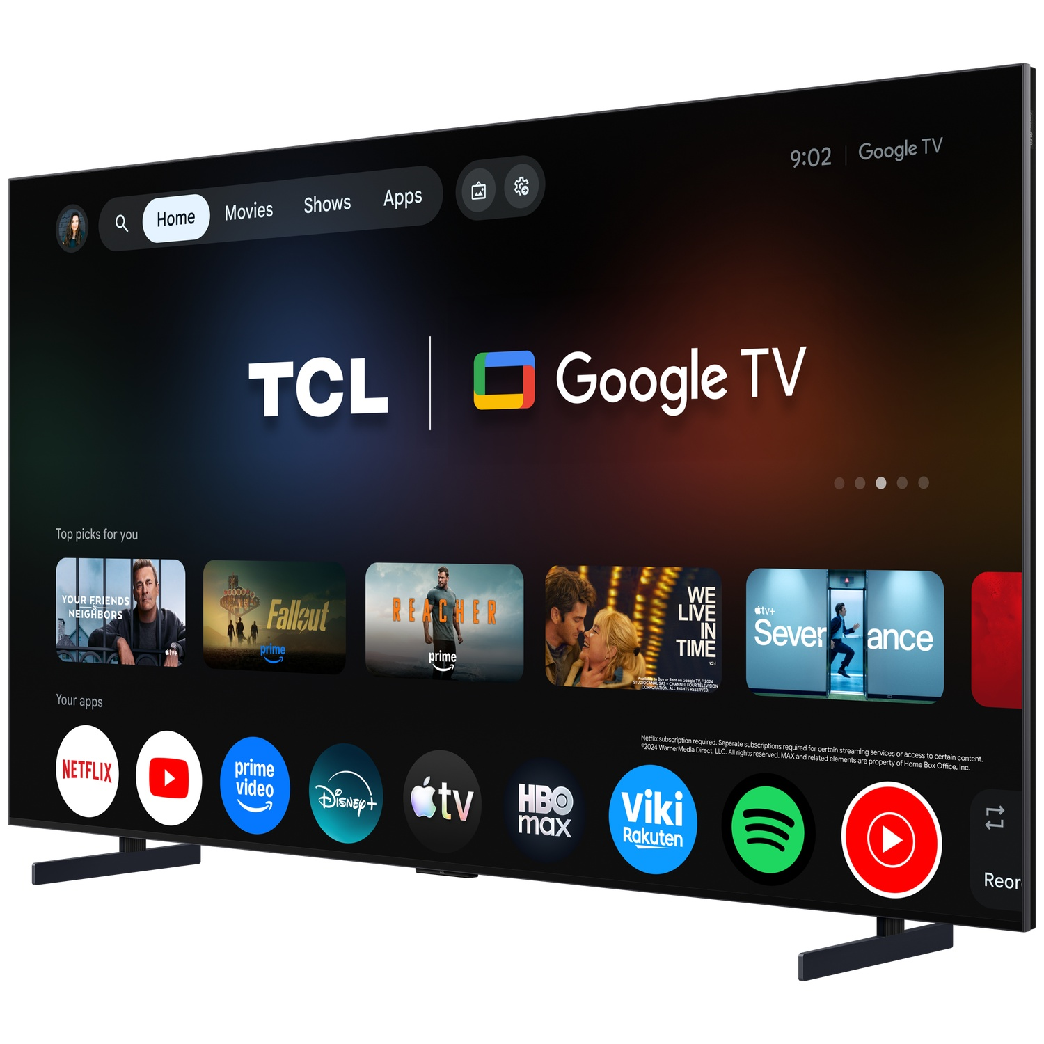 Een TCL Google TV met apps zoals Netflix, Prime Video en Disney+. Bovenaan worden topkeuzes getoond.