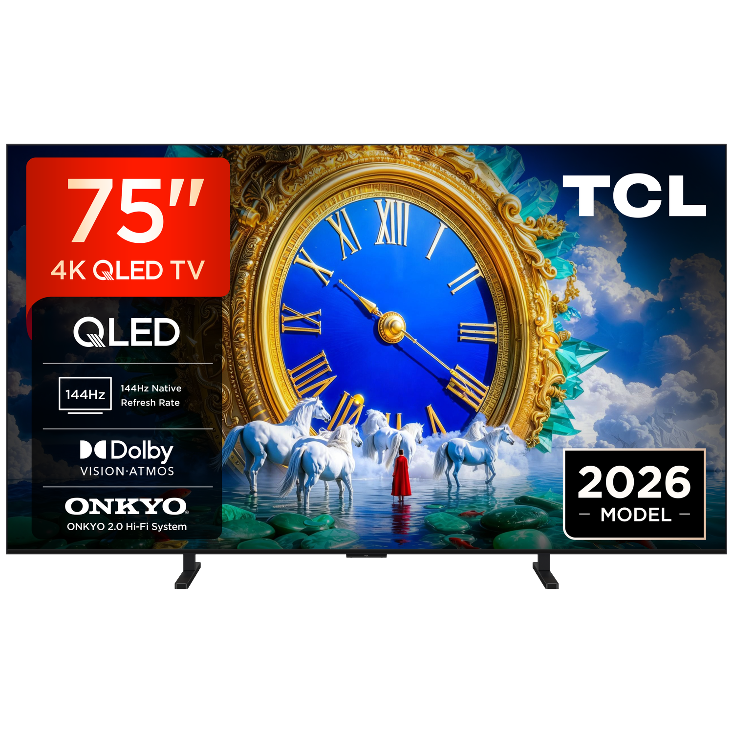 TV TCL QLED 4K 75 pouces avec 144Hz, Dolby Vision/Atmos, système Onkyo.
