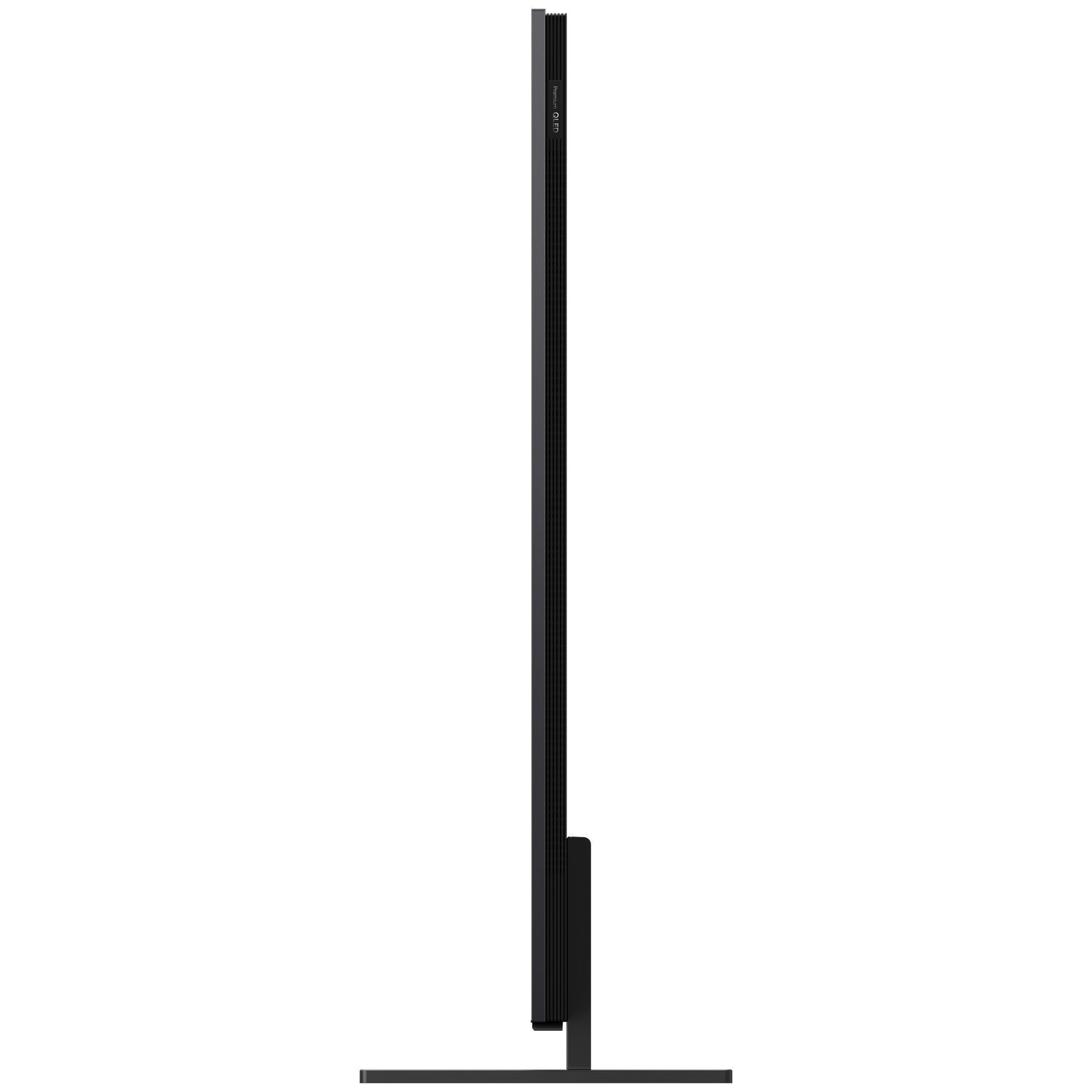 Téléviseur noir à bords fins, vu de côté, sur un pied.
