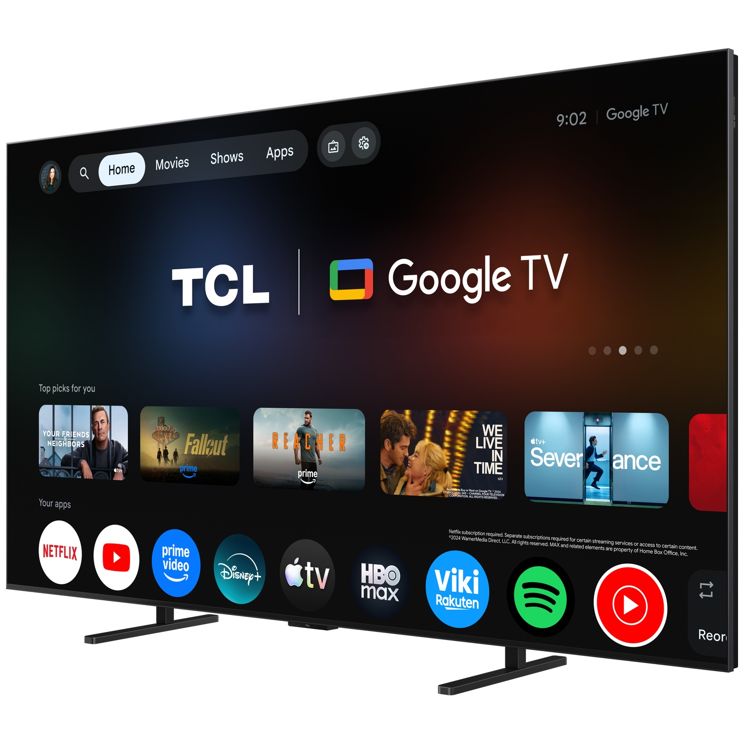 Un téléviseur moderne affichant l'interface Google TV, avec des applications comme Netflix, Prime Video et Disney+.