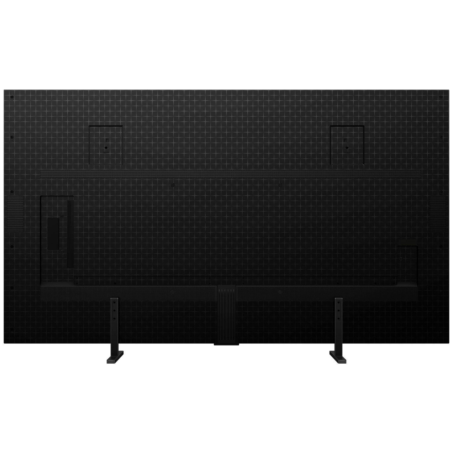 Arrière d'un téléviseur noir à motif de grille et deux pieds de support.