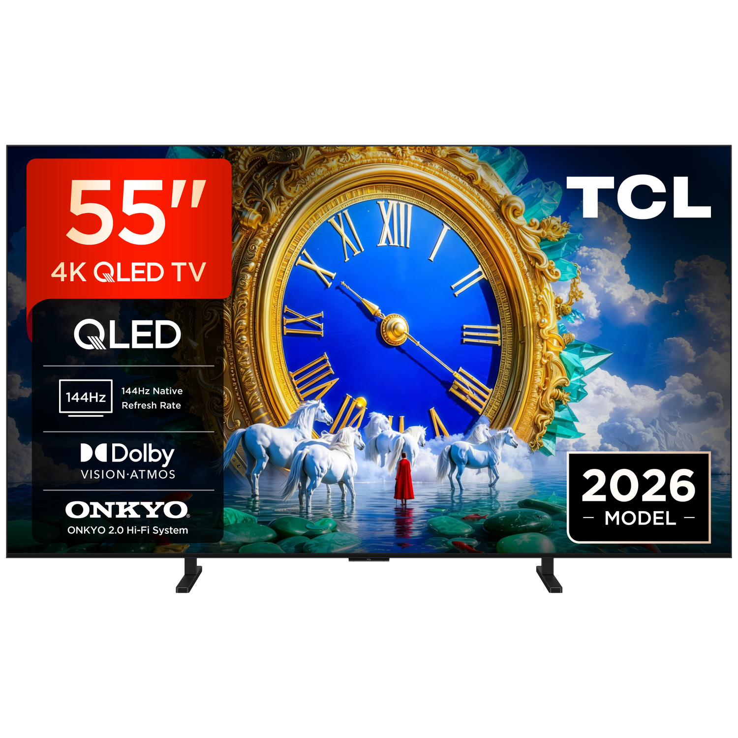 55" QLED TV met TCL-logo, paarden en klok in surrealistisch ontwerp.