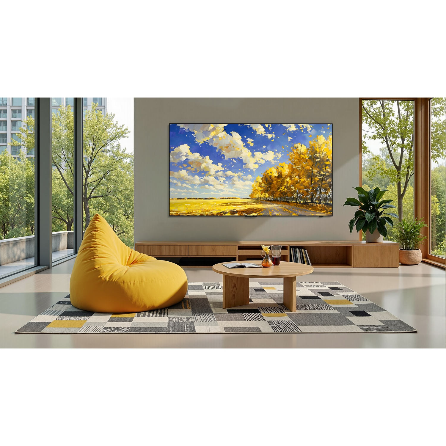 Een gele zitzak staat op een vloerkleed met patroon voor een televisie.