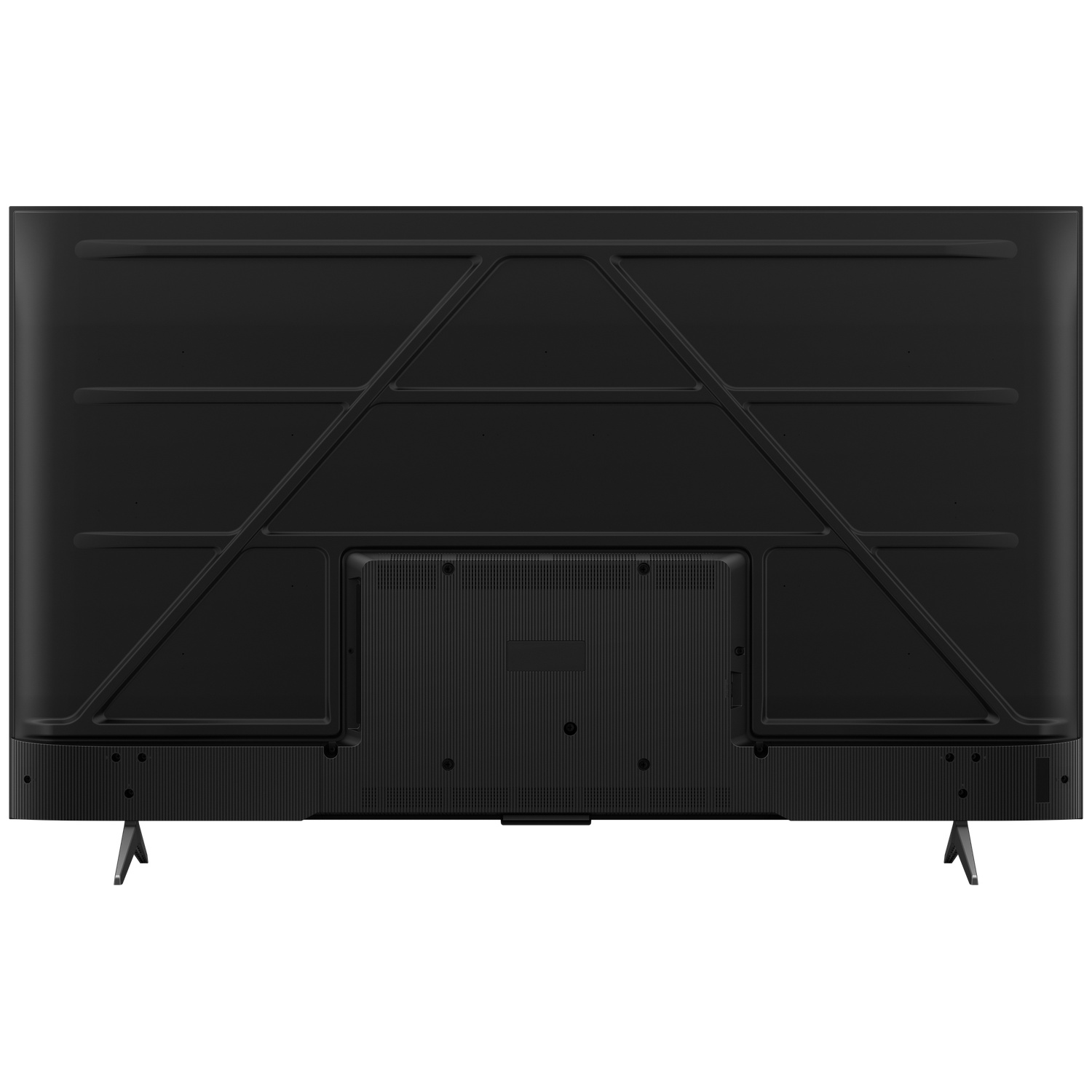 Back of a black television with stands and ventilation slots.
