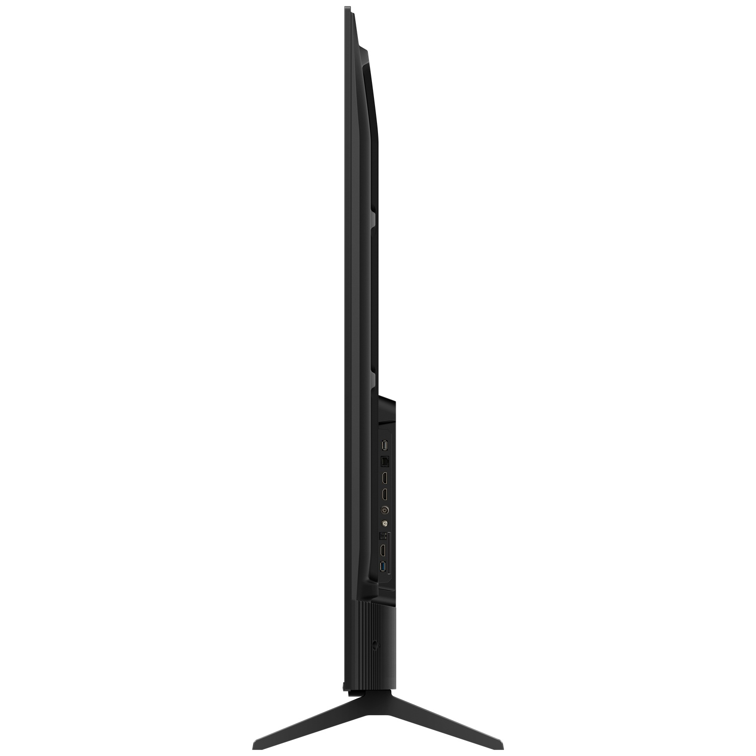 Black television shown in side profile on a white background, with ports visible.