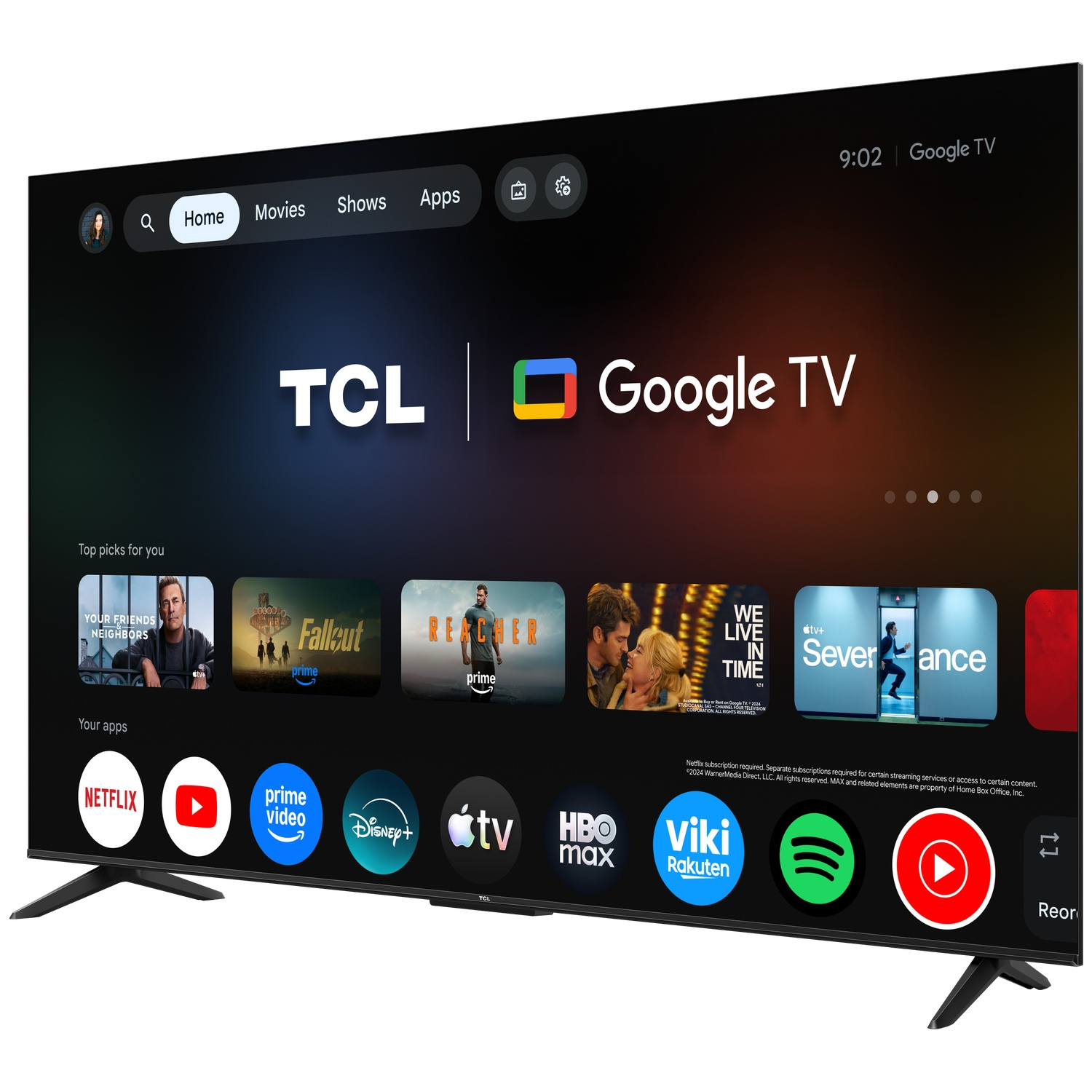Een TCL Google TV toont apps zoals Netflix, Prime Video, Disney+ en Spotify.