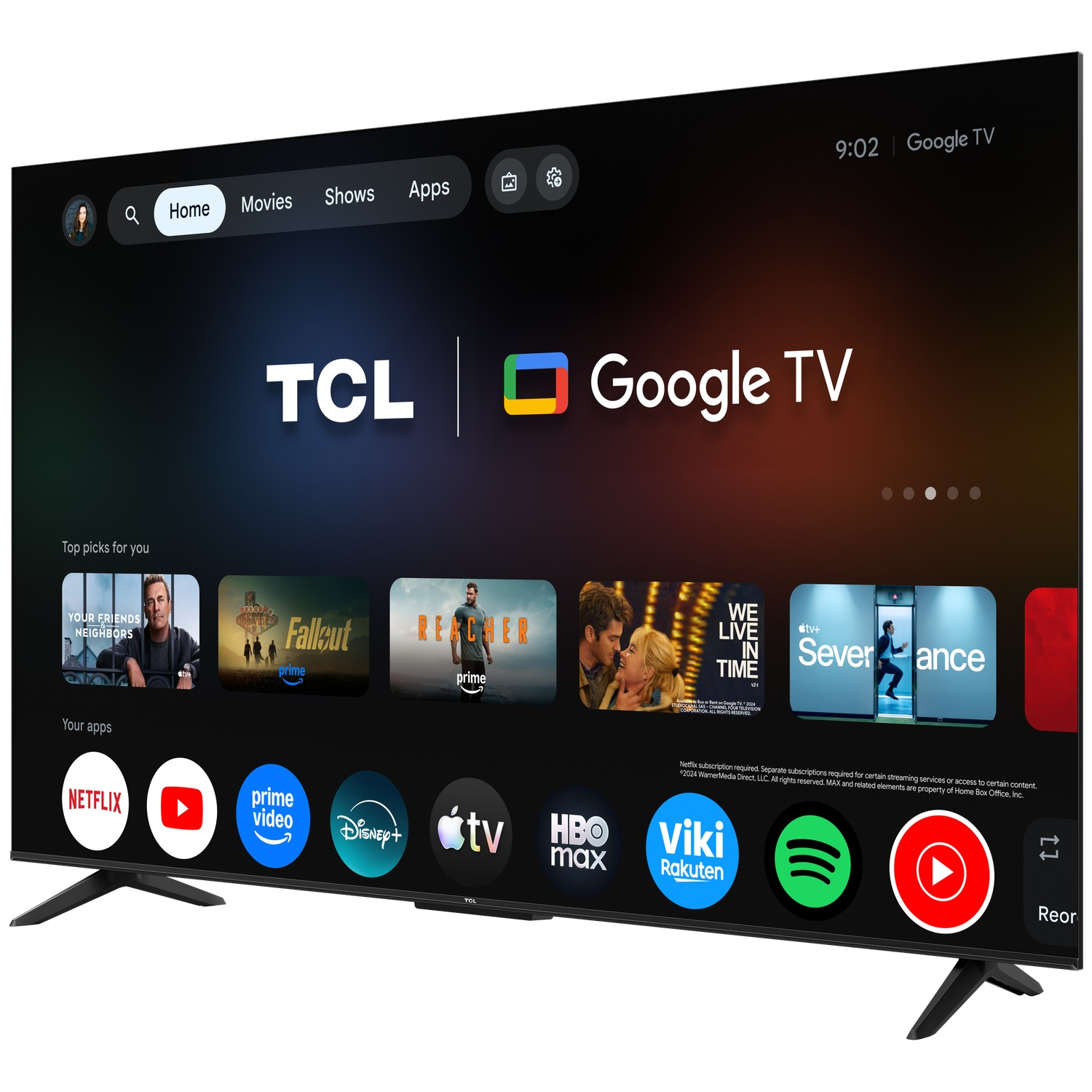 A TCL Google TV home screen showing movie and app suggestions.